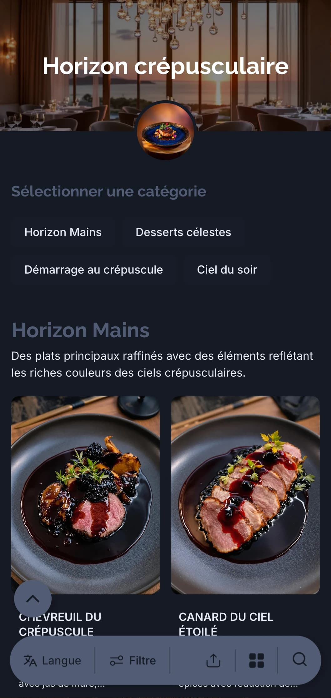Concept raffiné de dîner du soir inspiré par les couleurs sophistiquées du crépuscule et des ciels du crépuscule.