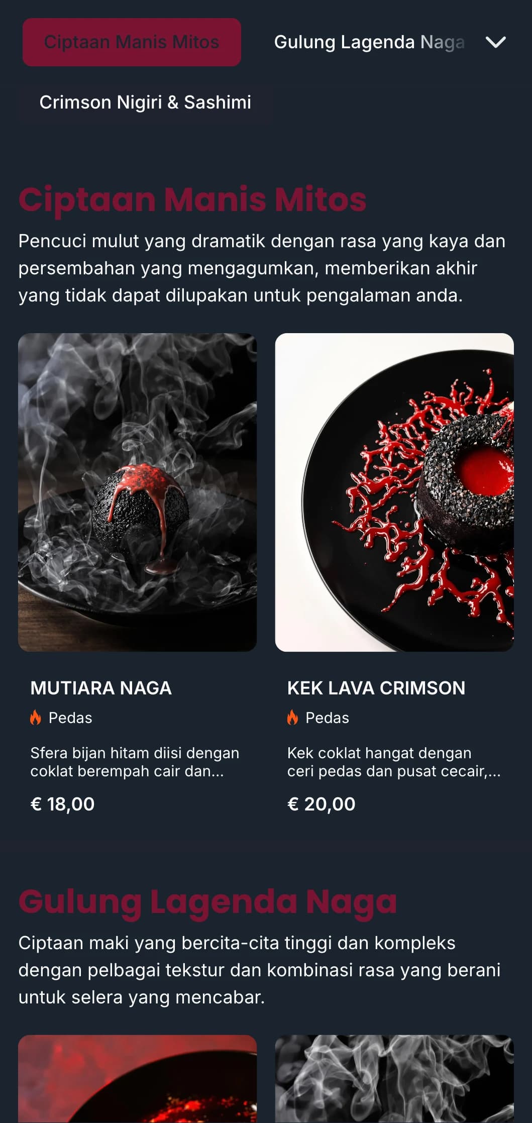 Menu sushi yang berani dan dramatik dengan rona merah yang kaya yang diilhamkan oleh mitologi naga tradisional Jepun.
