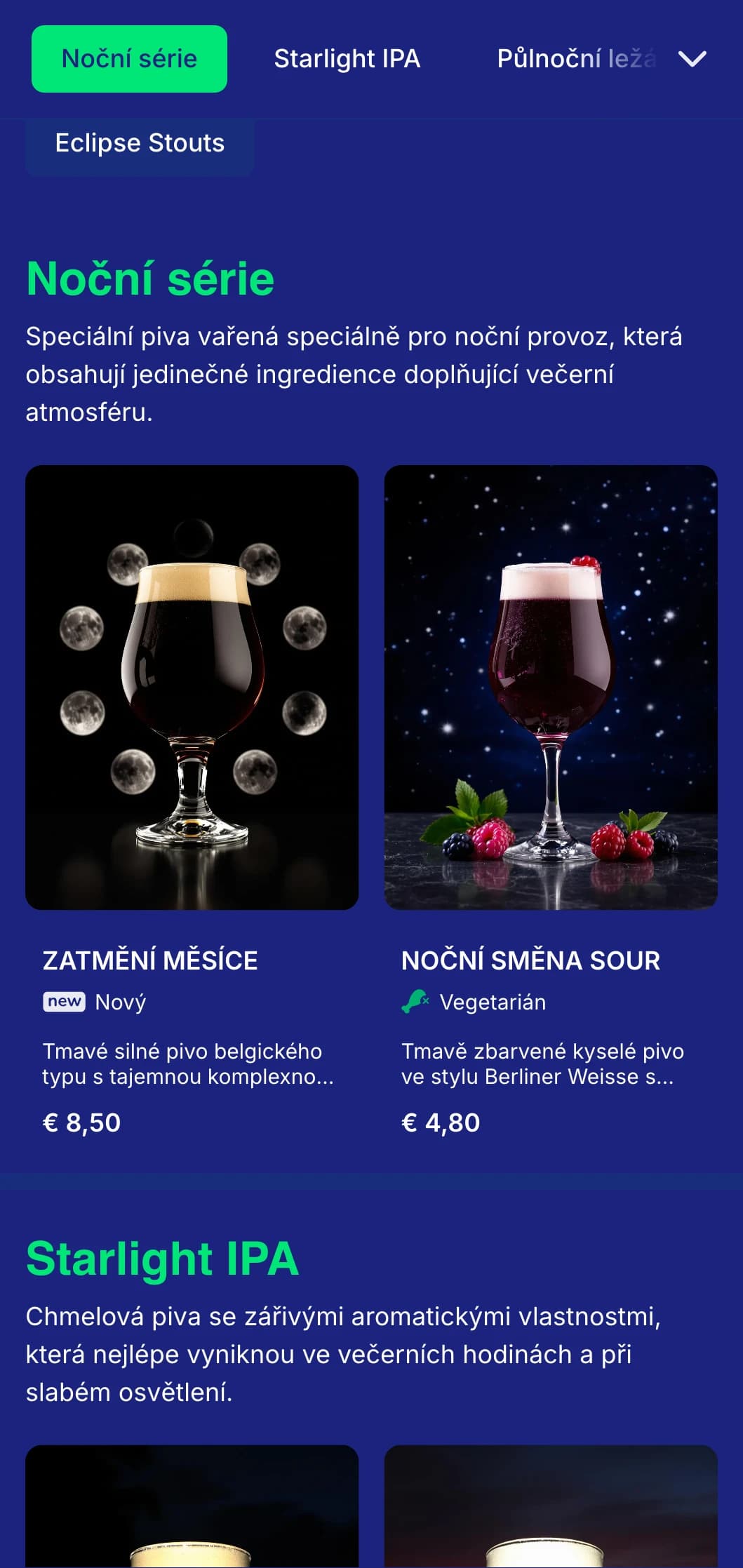 Temný a tajemný design s půlnočně modrými tóny a měsíčními prvky je ideální pro podniky zaměřené na večerní posezení a noční pivovary.