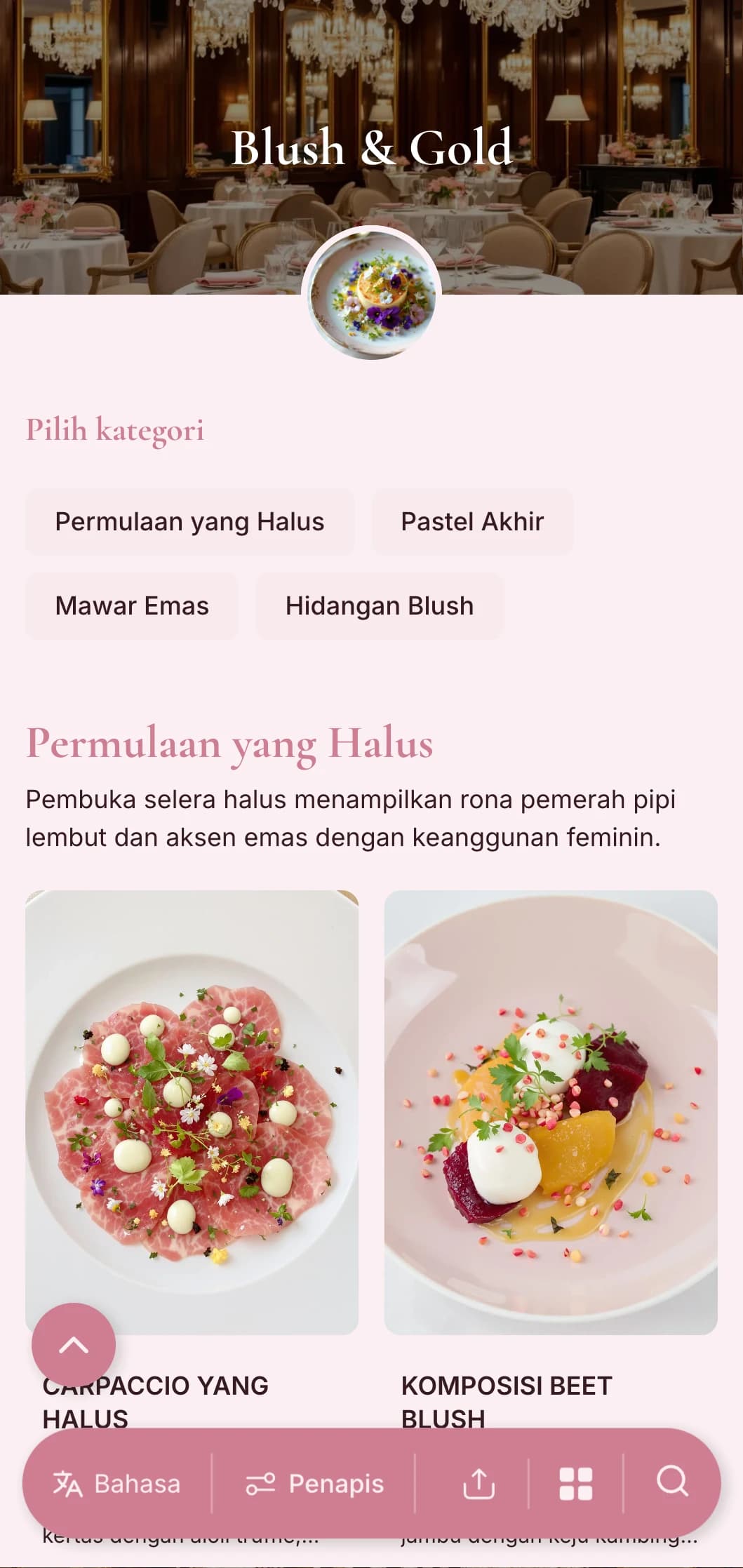 Konsep feminin yang diperhalusi menampilkan rona pemerah pipi yang lembut dengan aksen emas yang elegan untuk pengalaman mewah yang halus.
