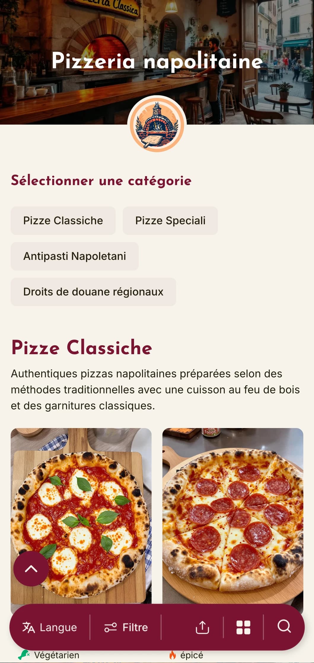 Un design vibrant avec des couleurs chaudes et des éléments rustiques qui célèbrent la tradition de la pizza de Naples et l'ambiance du sud de l'Italie.