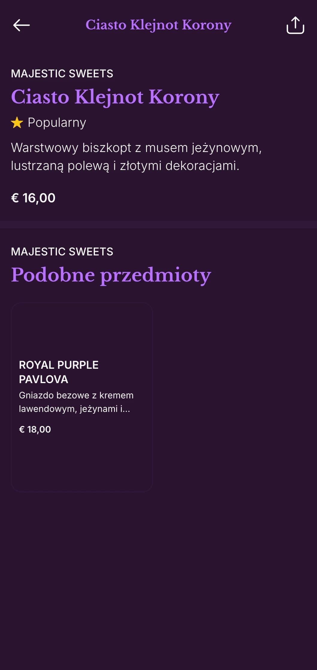 Królewskie fioletowo-złote menu obiadowe z klasycznymi elementami wystroju, idealne do lokali o staroświeckim uroku.