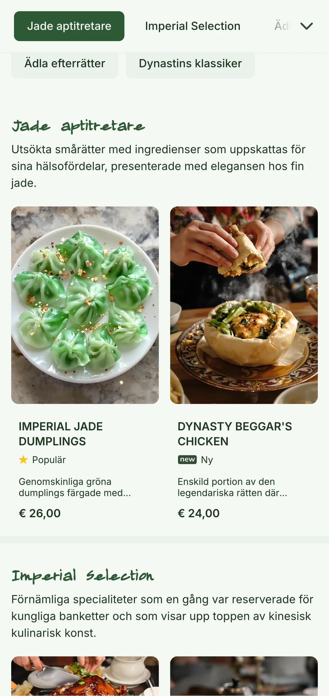 Elegant kinesisk menydesign med jademotiv och dynastiinspirerade element för exklusiva restauranger och bankettservice.