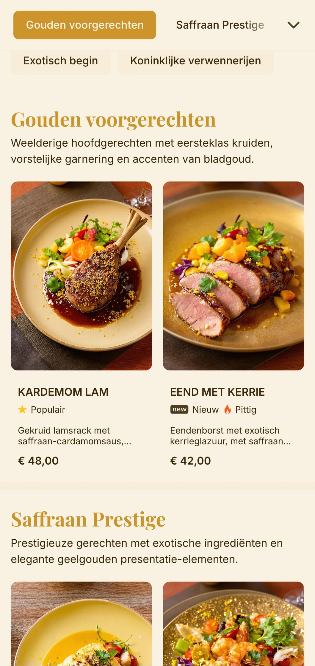 Weelderig concept geïnspireerd door exotische kruiden en koninklijke eettradities met rijke gouden en saffraantinten.