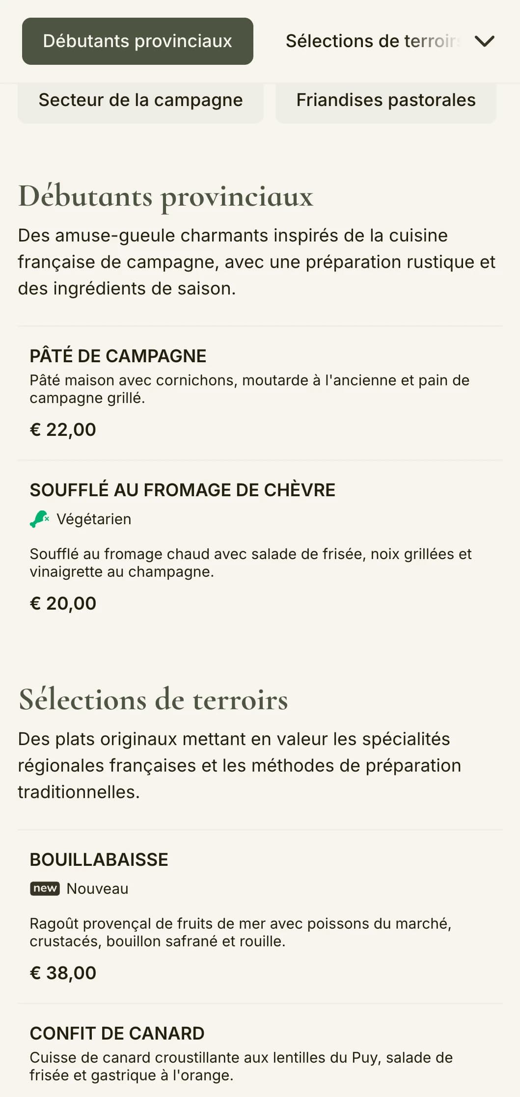 Un menu charmant inspiré de l'esthétique de la campagne française, avec des tons vert sauge et une élégance rustique.
