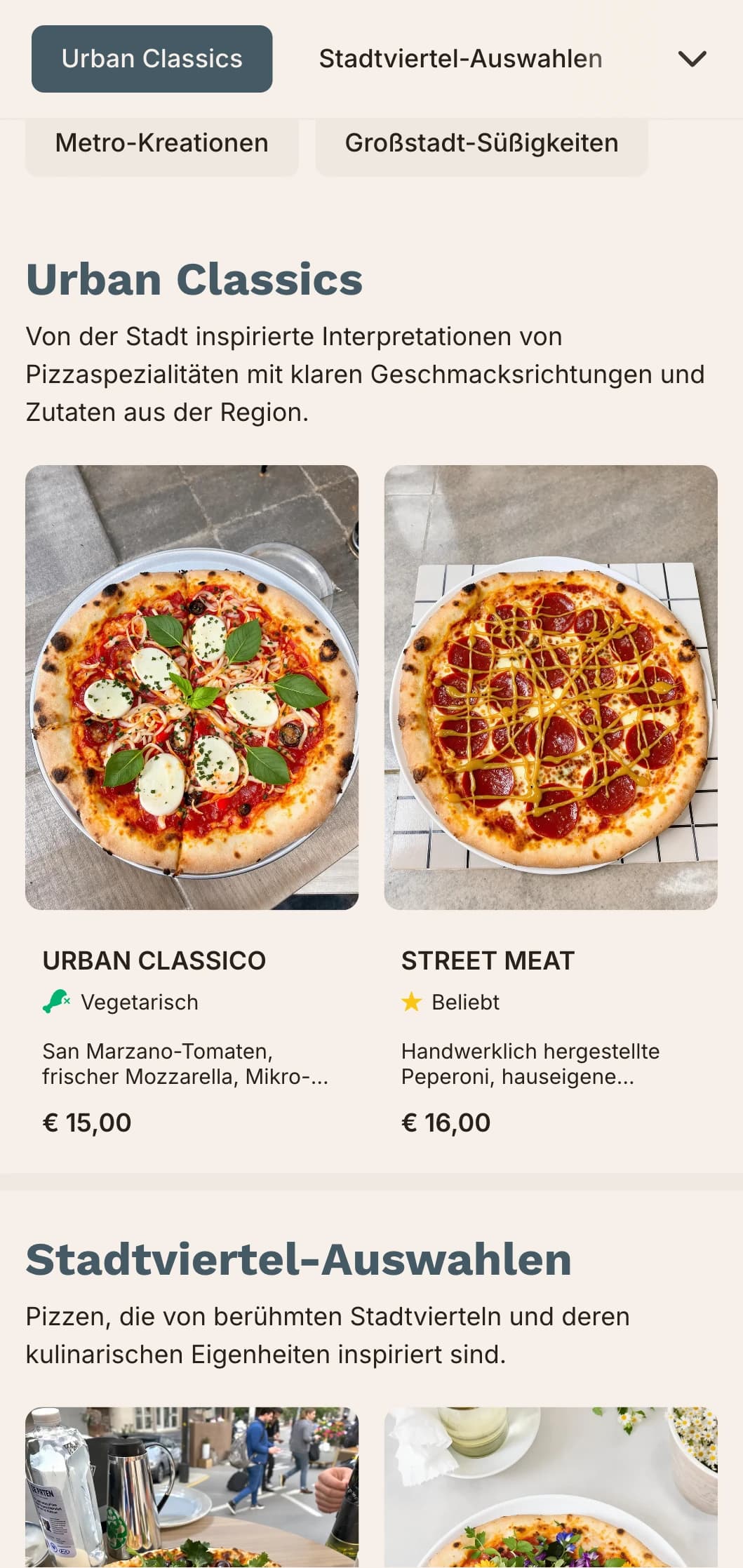 Großstädtisches Pizza-Menü mit klaren Linien und modernem Design für städtische Lokale.