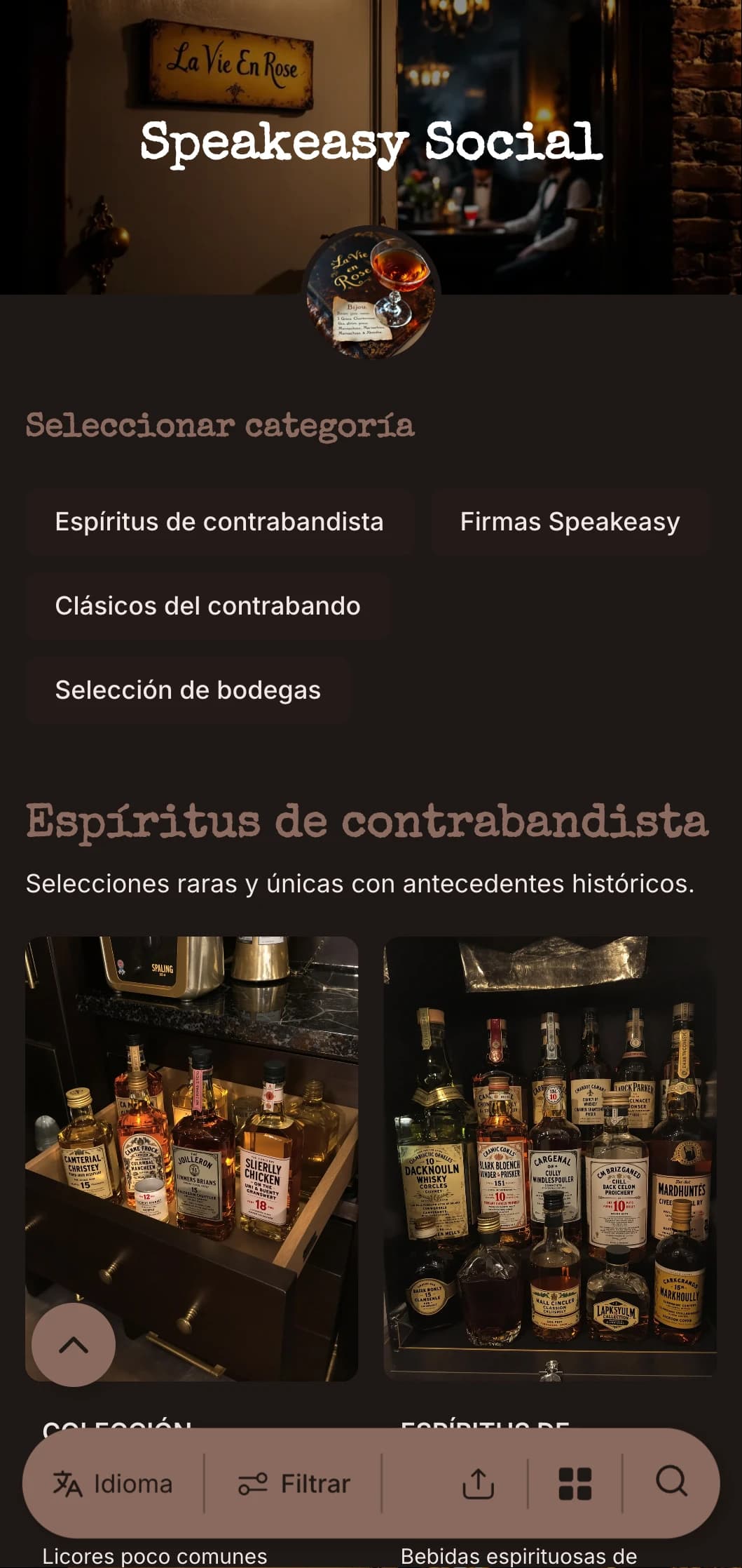 Diseño oscuro y misterioso con elementos de máquina de escribir vintage para bares de cócteles ocultos.