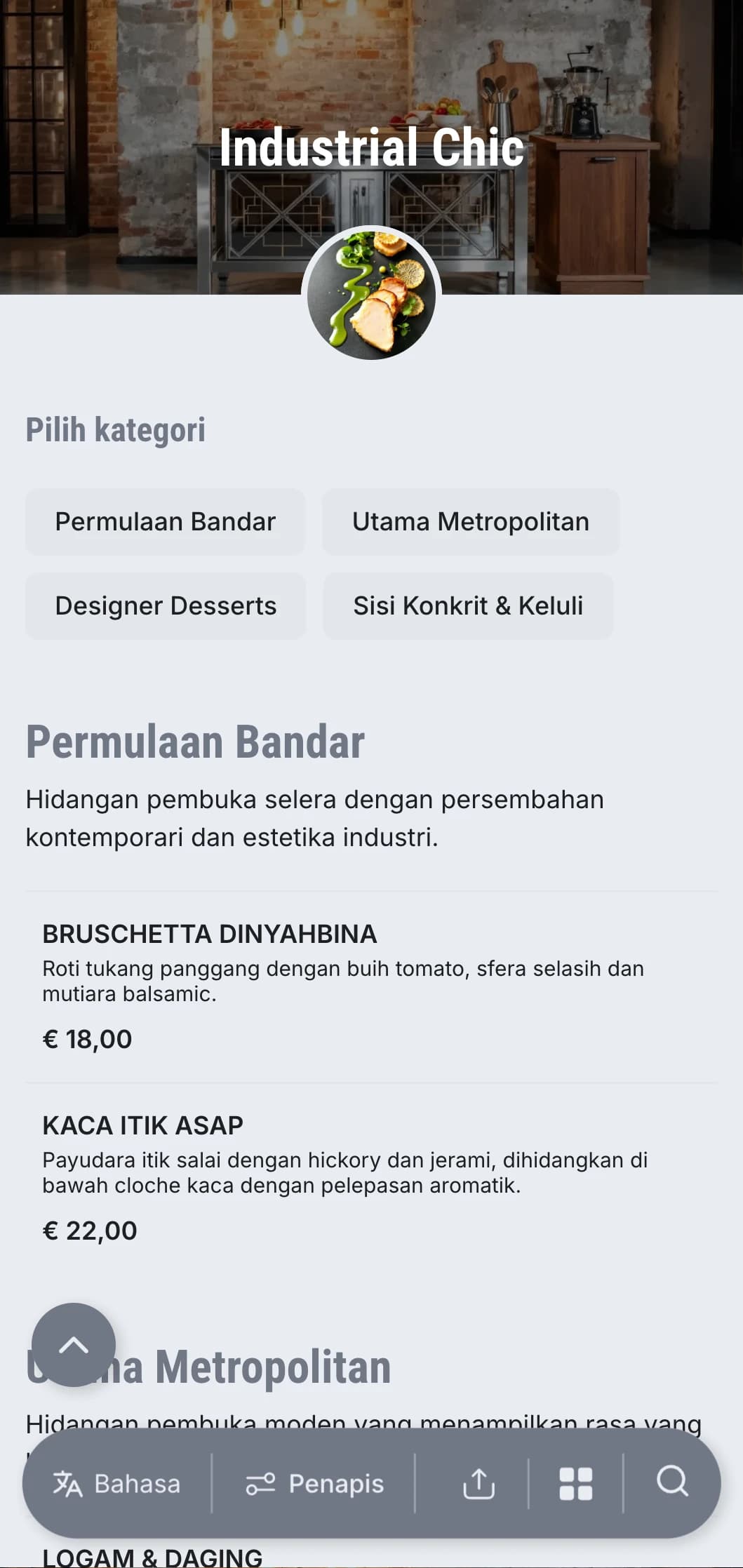 Persembahan katering mentah dan edgy dengan estetika bandar moden, unsur logam dan tekstur konkrit untuk acara gudang dan pembukaan galeri.