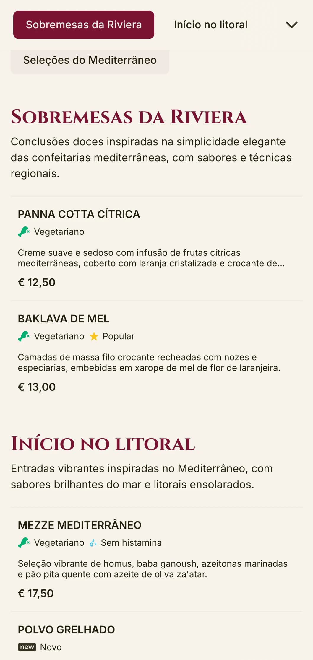 Design marcante de cardápio de almoço com inspiração mediterrânea, com detalhes vibrantes e layout elegante, perfeito para restaurantes de luxo à beira-mar e destinos de férias.