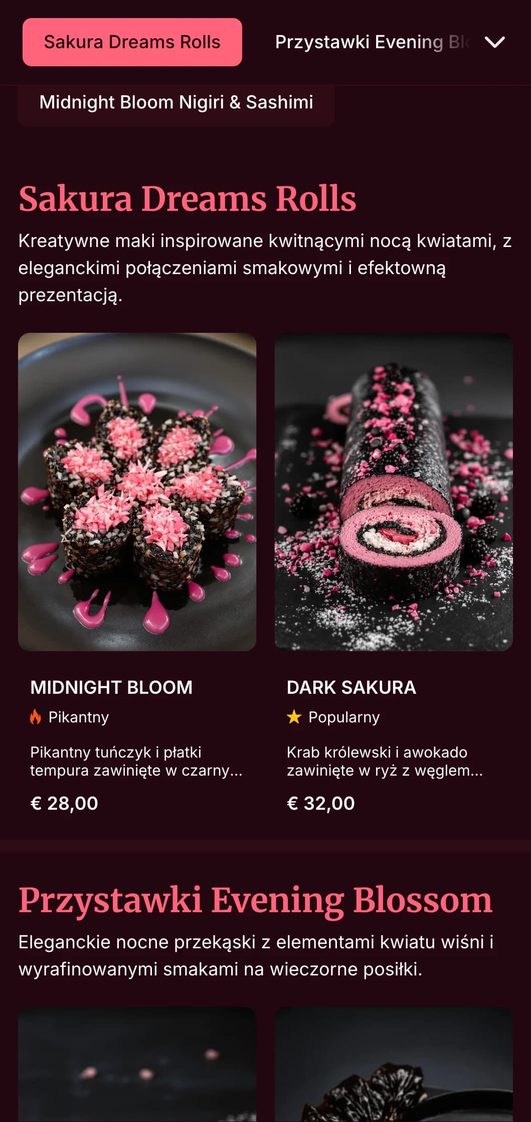 Eleganckie wieczorne sushi z dramatycznymi motywami kwiatu wiśni na tle głębokiego burgundu dla ekskluzywnych posiłków.