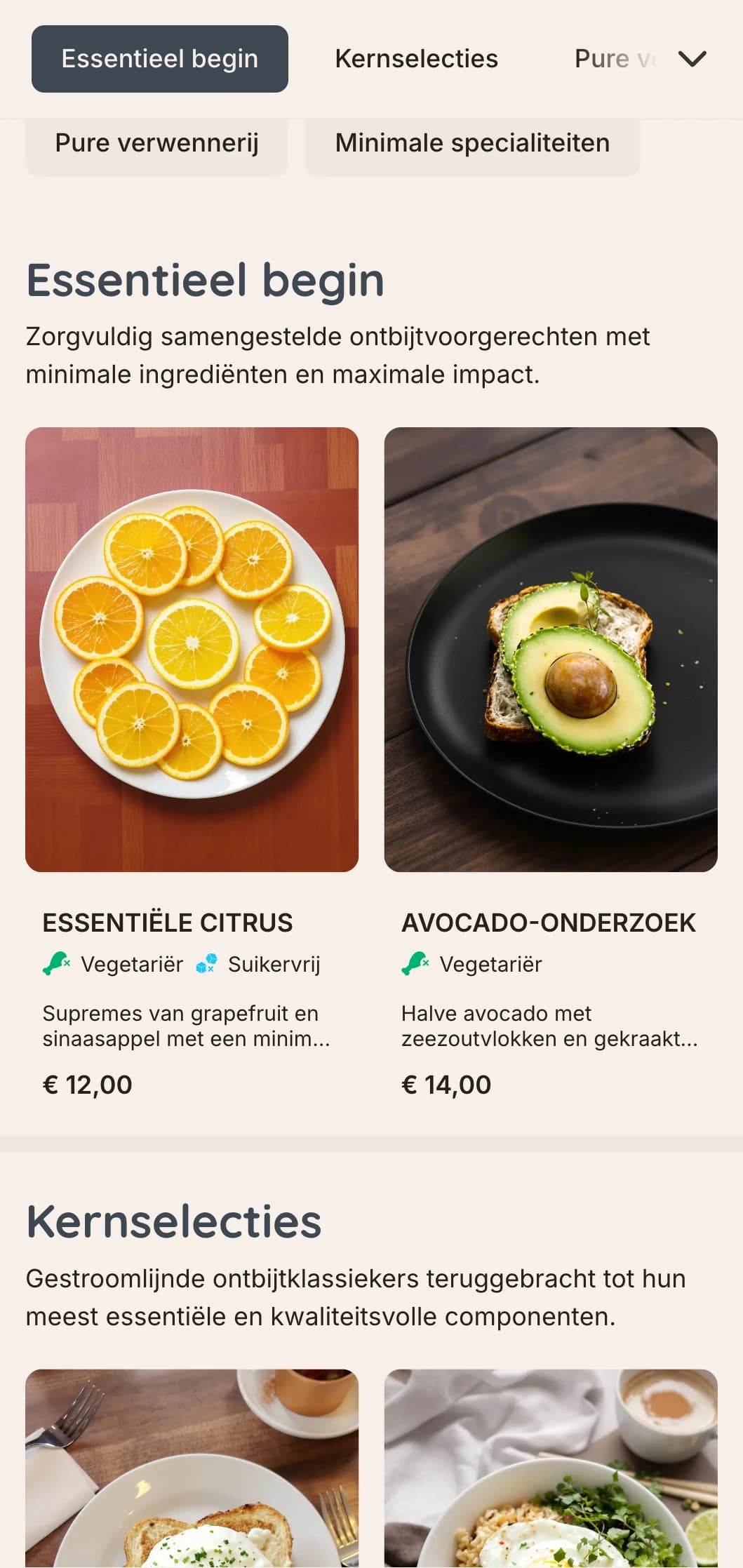 Strakke, ingetogen ontbijtopties met nauwkeurig opgemaakte borden en essentiële ingrediënten voor de veeleisende minimalist.