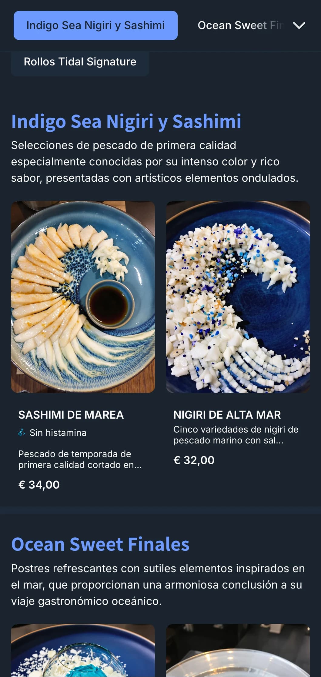 Menú de sushi inspirado en el océano con olas de color índigo intenso y diseño contemporáneo para restaurantes especializados en marisco.