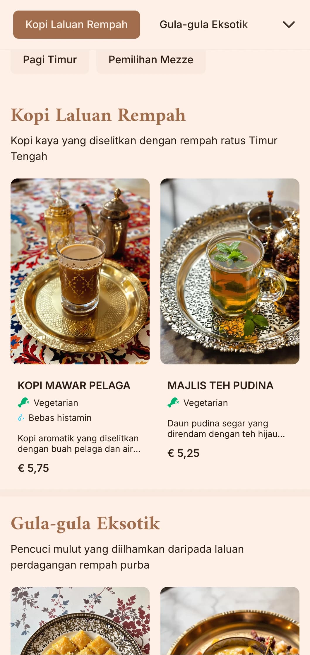 Reka bentuk coklat yang kaya dengan unsur Timur Tengah untuk kedai kopi istimewa dan kafe etnik.