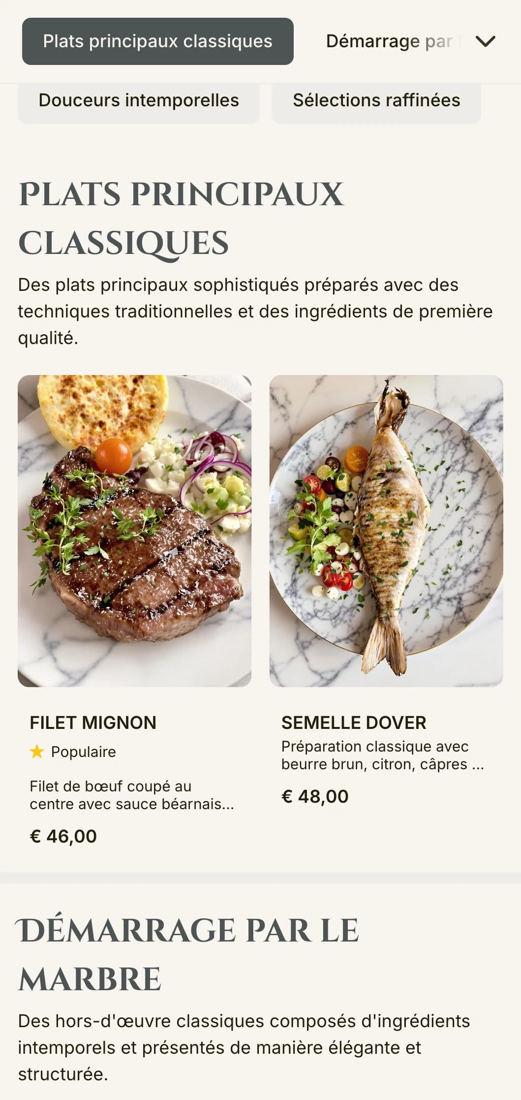Un menu élégant pour le dîner, avec des textures en marbre et des éléments de design classiques, parfait pour les établissements de restauration sophistiqués.