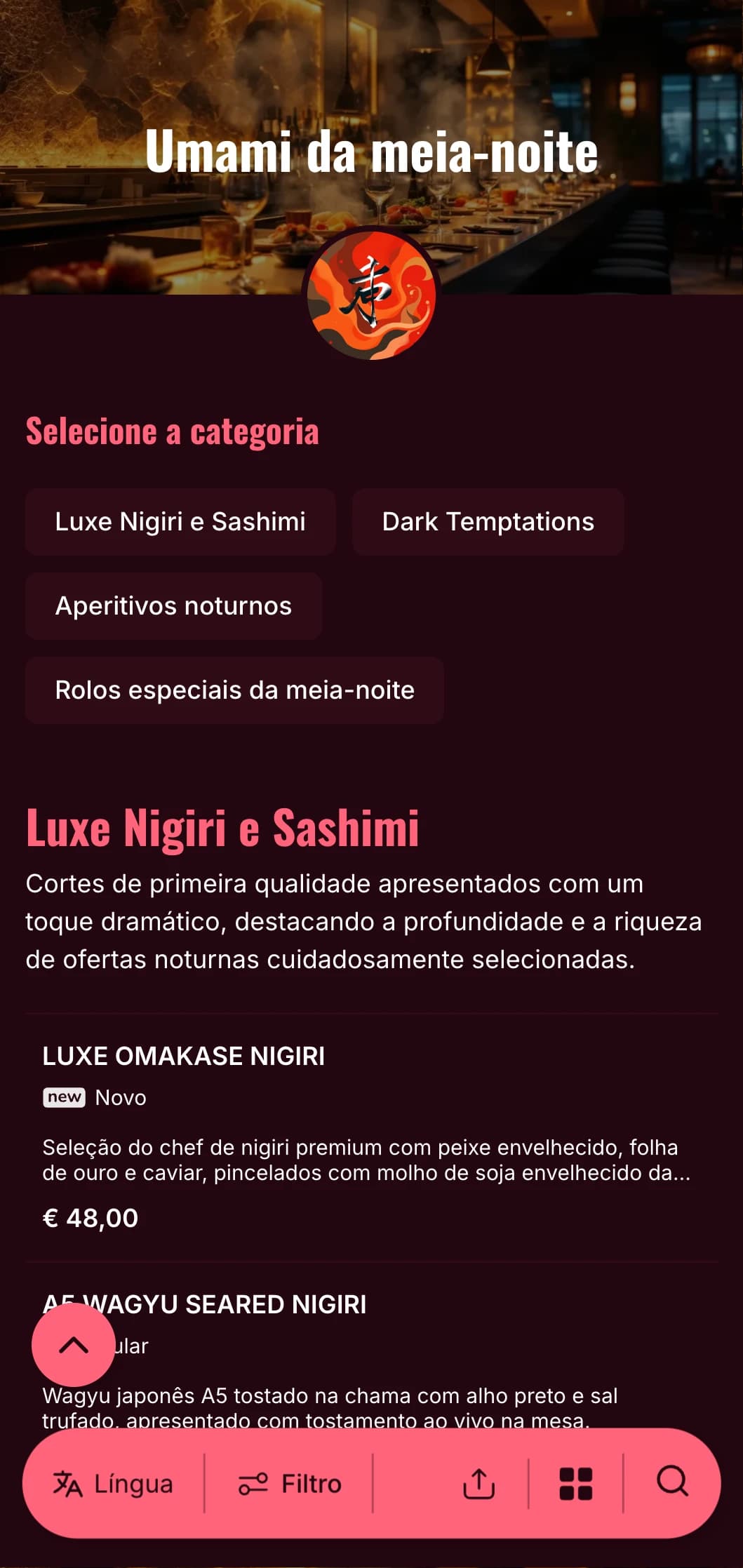 Uma experiência luxuosa de sushi tarde da noite com contrastes ousados, com detalhes ricos em bordô e brilhantes em um fundo profundo.