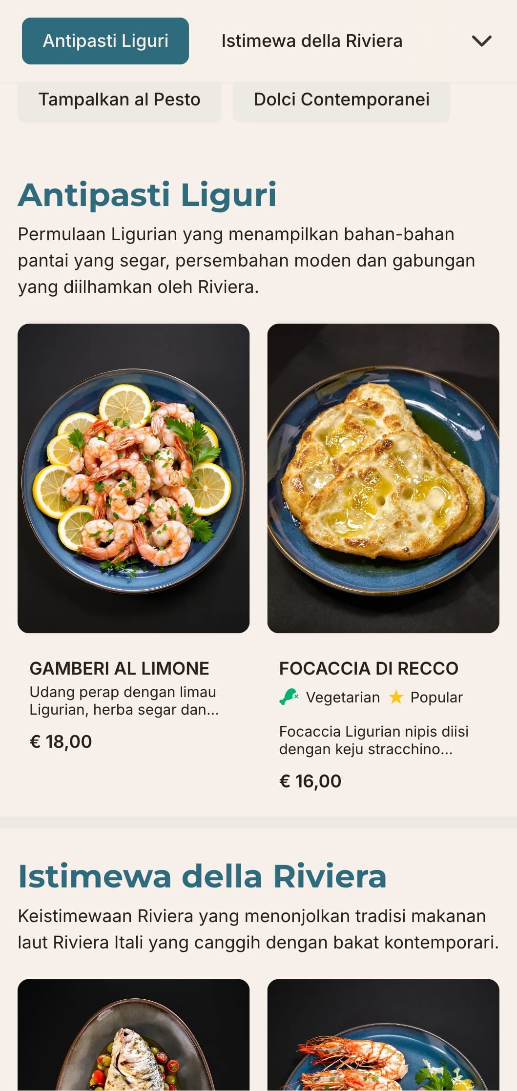Reka bentuk pantai kontemporari yang diilhamkan oleh Riviera Itali yang bergaya dan masakan makanan lautnya yang halus.
