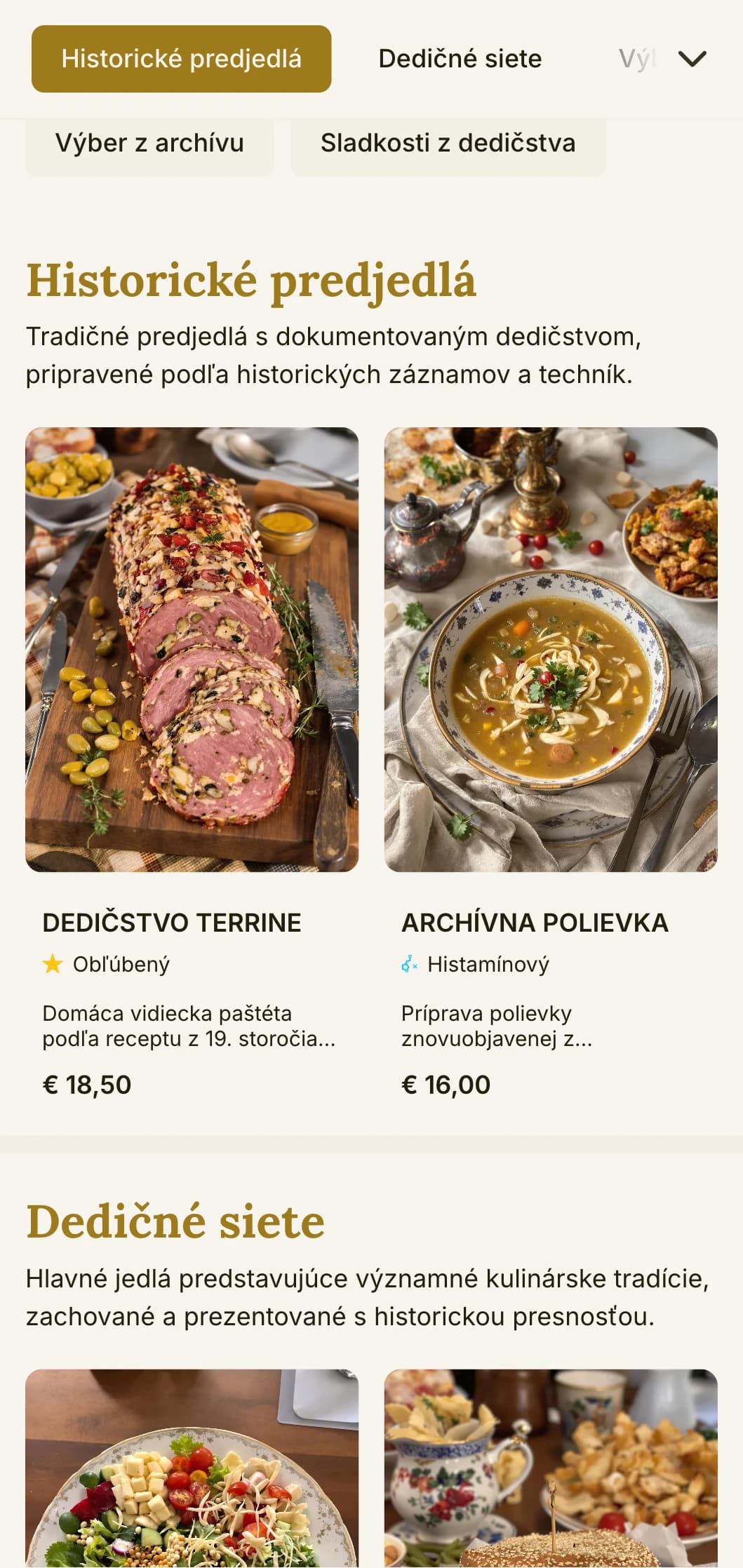 Historický dizajn obedového menu zameraný na dedičstvo s tradičnými prvkami a nadčasovou typografiou, vhodný pre reštaurácie a zariadenia s dlhou históriou.