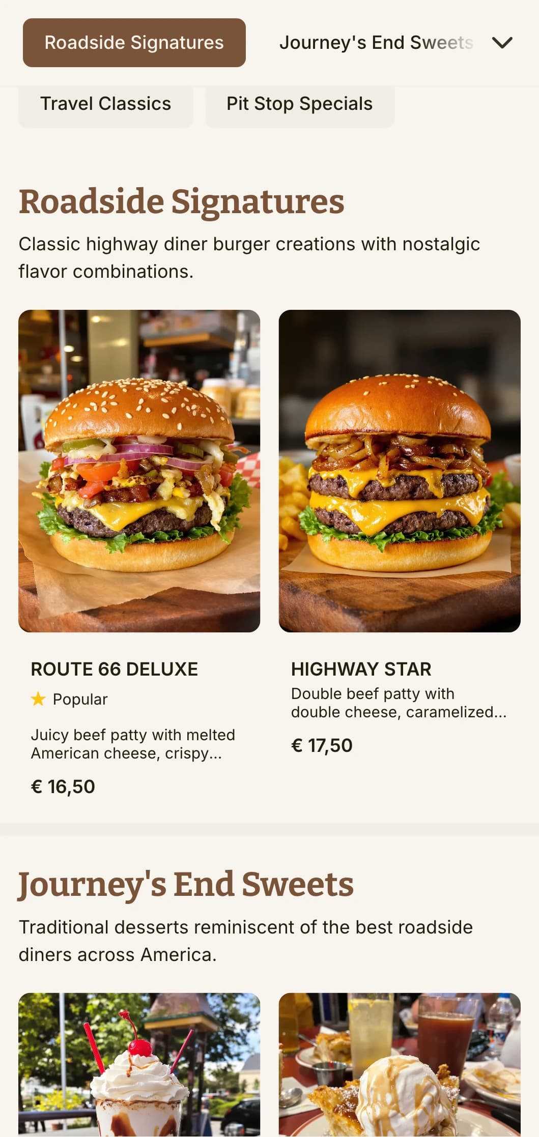 Highway-inspired burger joint with vintage road signs and classic American roadtrip nostalgia.
