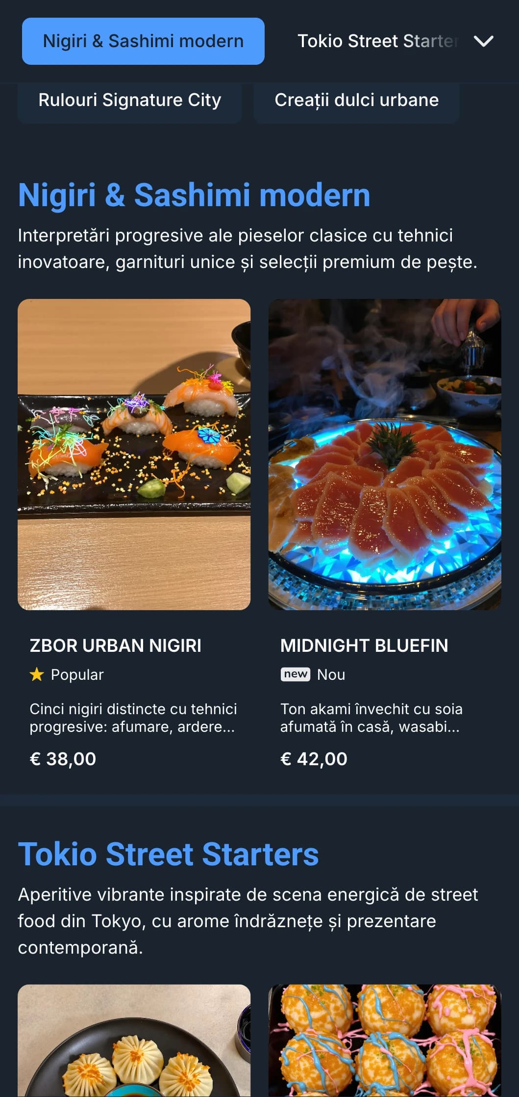 Meniu sushi contemporan, îndrăzneț, cu o estetică dramatică inspirată din noapte, cu accente de albastru vibrant pe fundaluri de cărbune intens.