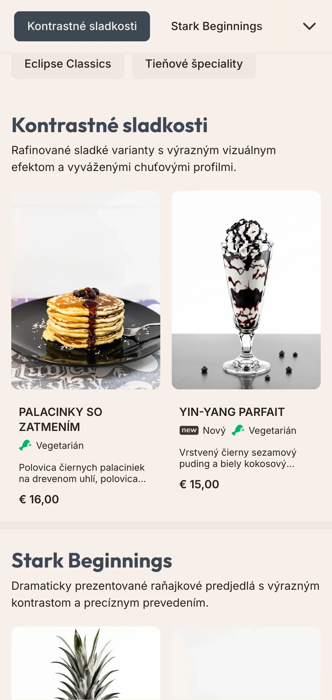 Dramatické ranné menu s výrazným kontrastom, precíznym aranžovaním a odvážnymi chuťovými kombináciami.