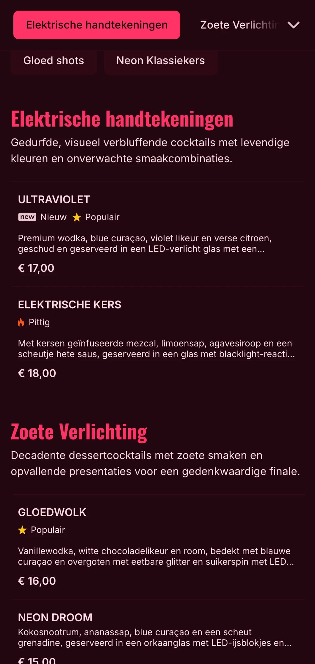 Een gedurfd, levendig menuontwerp geïnspireerd op het neon nachtleven, perfect voor hedendaagse cocktailbars en nachtclubs.