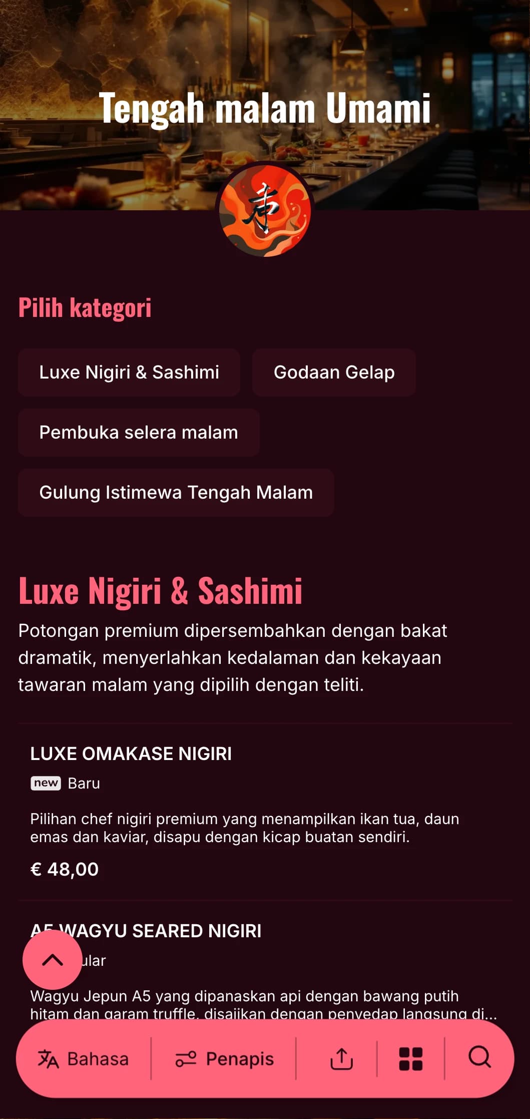 Pengalaman sushi larut malam yang mewah dengan kontras yang berani, menampilkan burgundy yang kaya dan aksen terang dengan latar belakang yang mendalam.