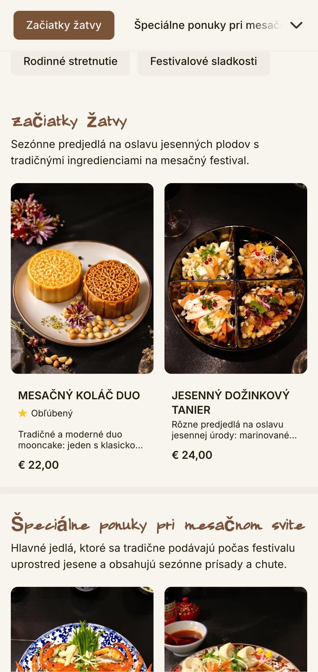 Elegantný dizajn čínskeho jedálneho lístka inšpirovaný sviatkom polovice jesene s motívmi mesačných koláčov a tradičnými vzormi sezónnych špecialít.