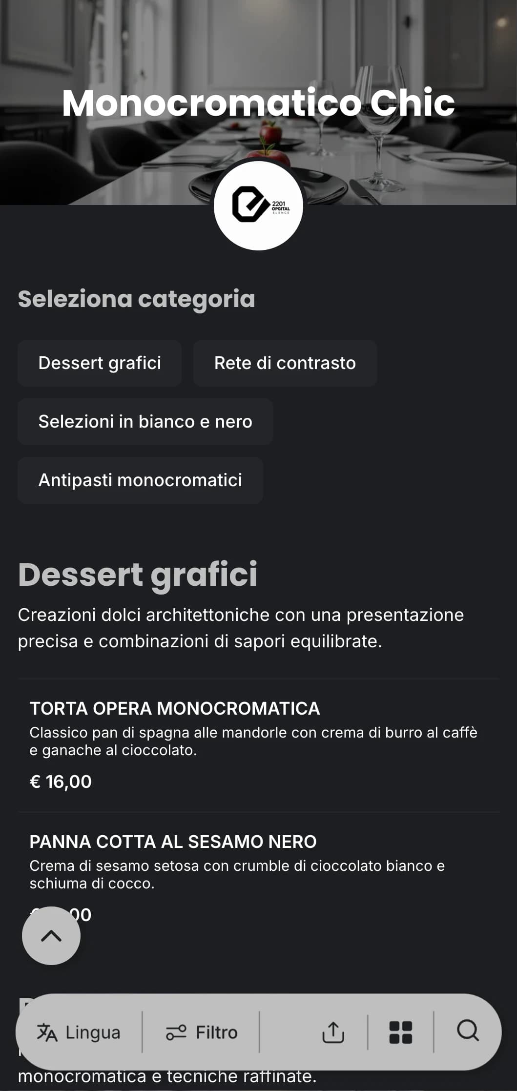 Un sofisticato menu per la cena in bianco e nero, con una tipografia audace e linee pulite, pensato per una cucina raffinata contemporanea.