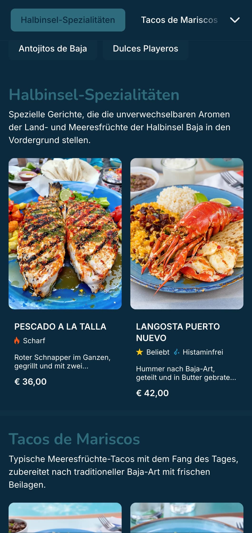 Leichtes und erfrischendes, von der Baja inspiriertes Menü mit Meeresfrüchte-Tacos, frischen Zutaten und küstenblauen Akzenten in moderner Strandatmosphäre.