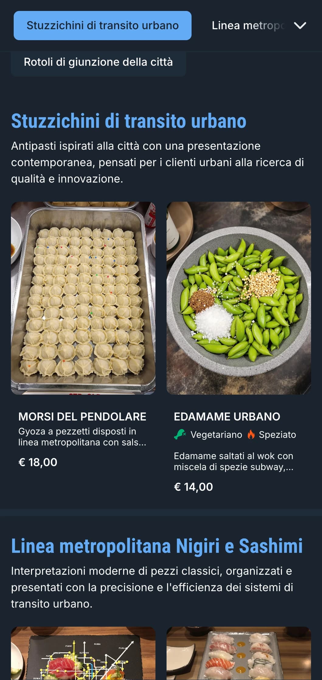 Menu di sushi urbano, ispirato alla metropolitana, con accenti blu e tipografia contemporanea per i centri città.