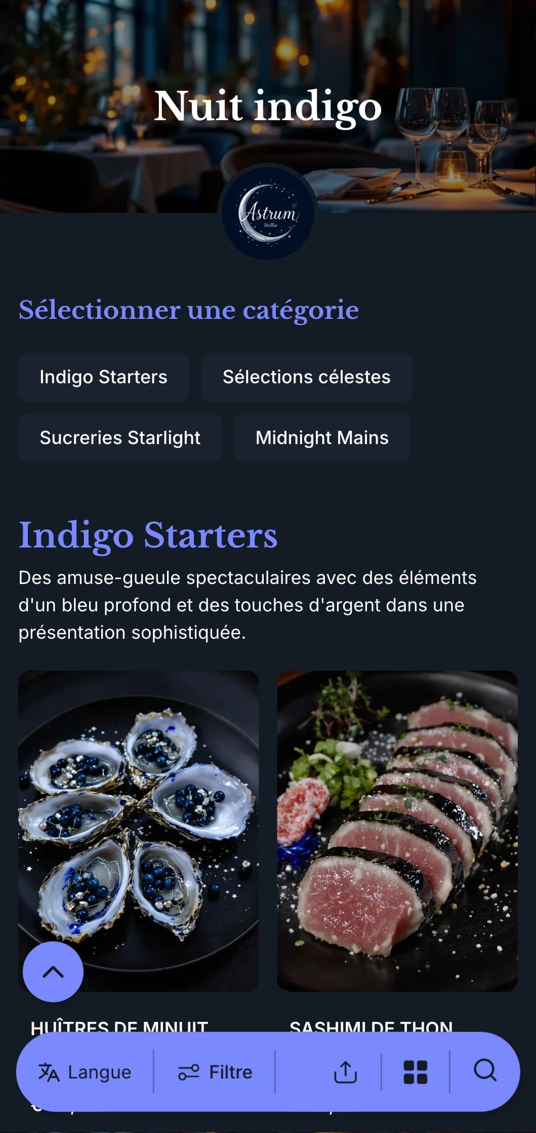 Un menu indigo profond avec des tons bleu nuit et des accents argentés, conçu pour un dîner sophistiqué.