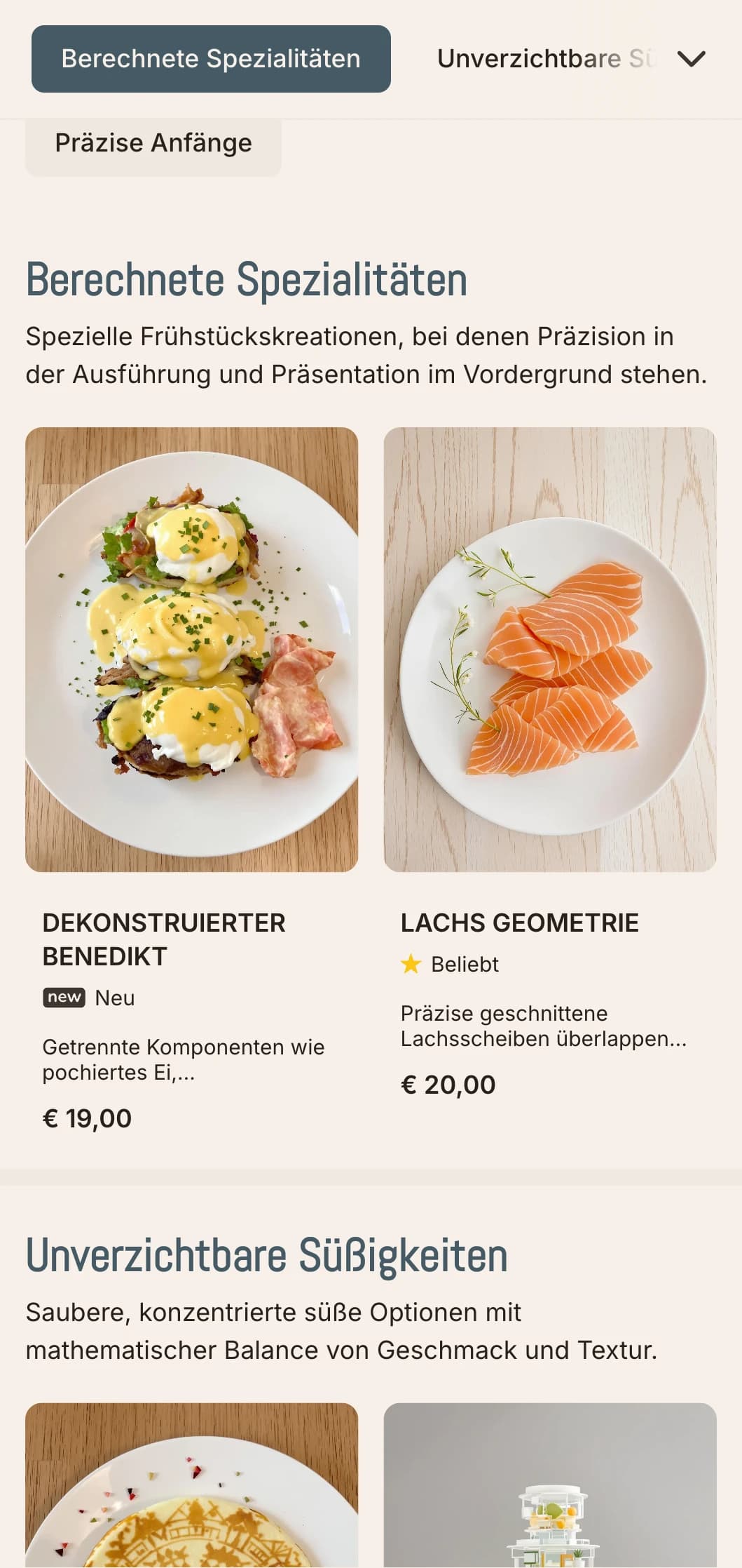 Saubere, präzise arrangierte Frühstücksoptionen mit minimalistischer Präsentation und sorgfältig ausgewogenen Geschmacksrichtungen.
