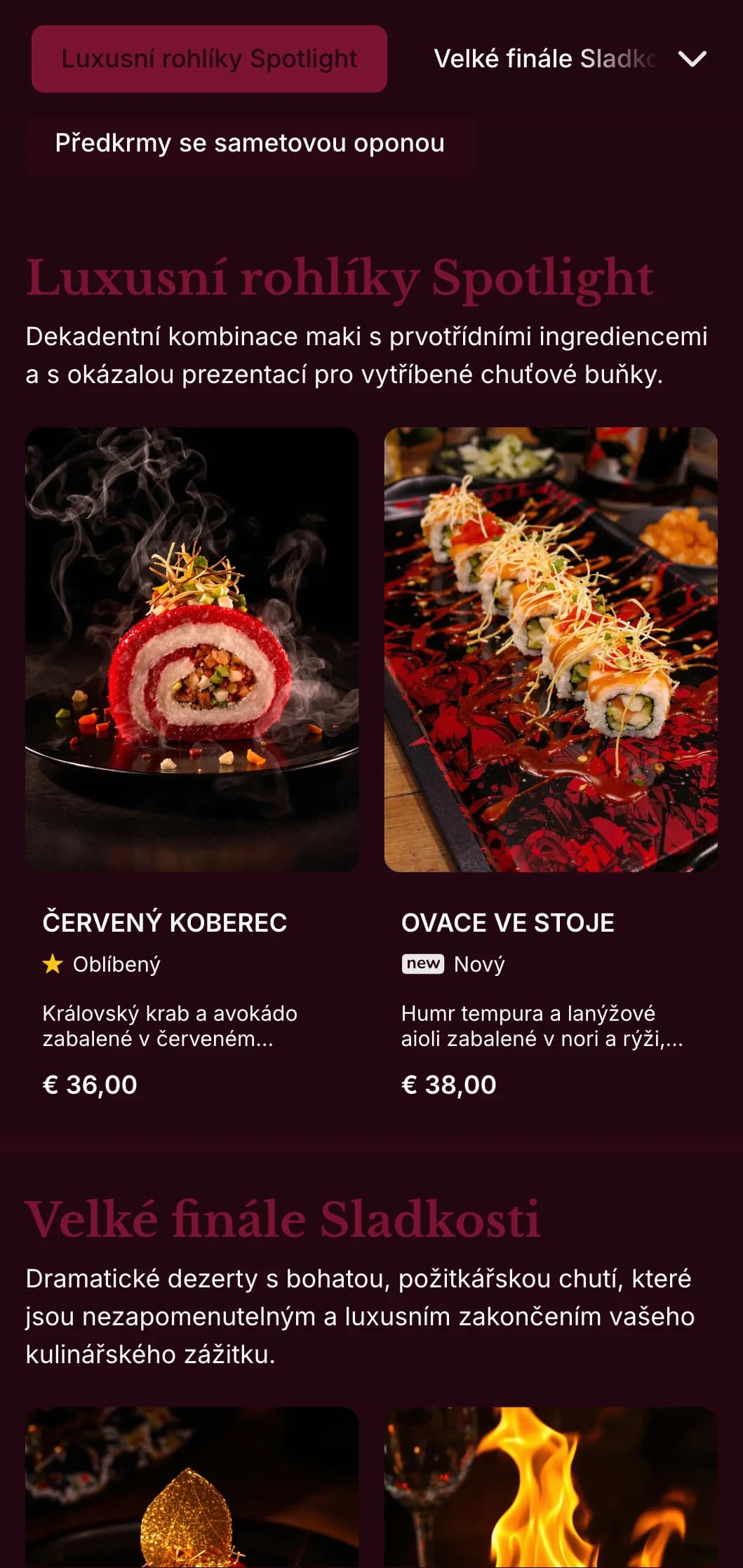 Luxusní sushi se sytě červenými sametovými tóny a dramatickými prvky pro prémiové prostory.