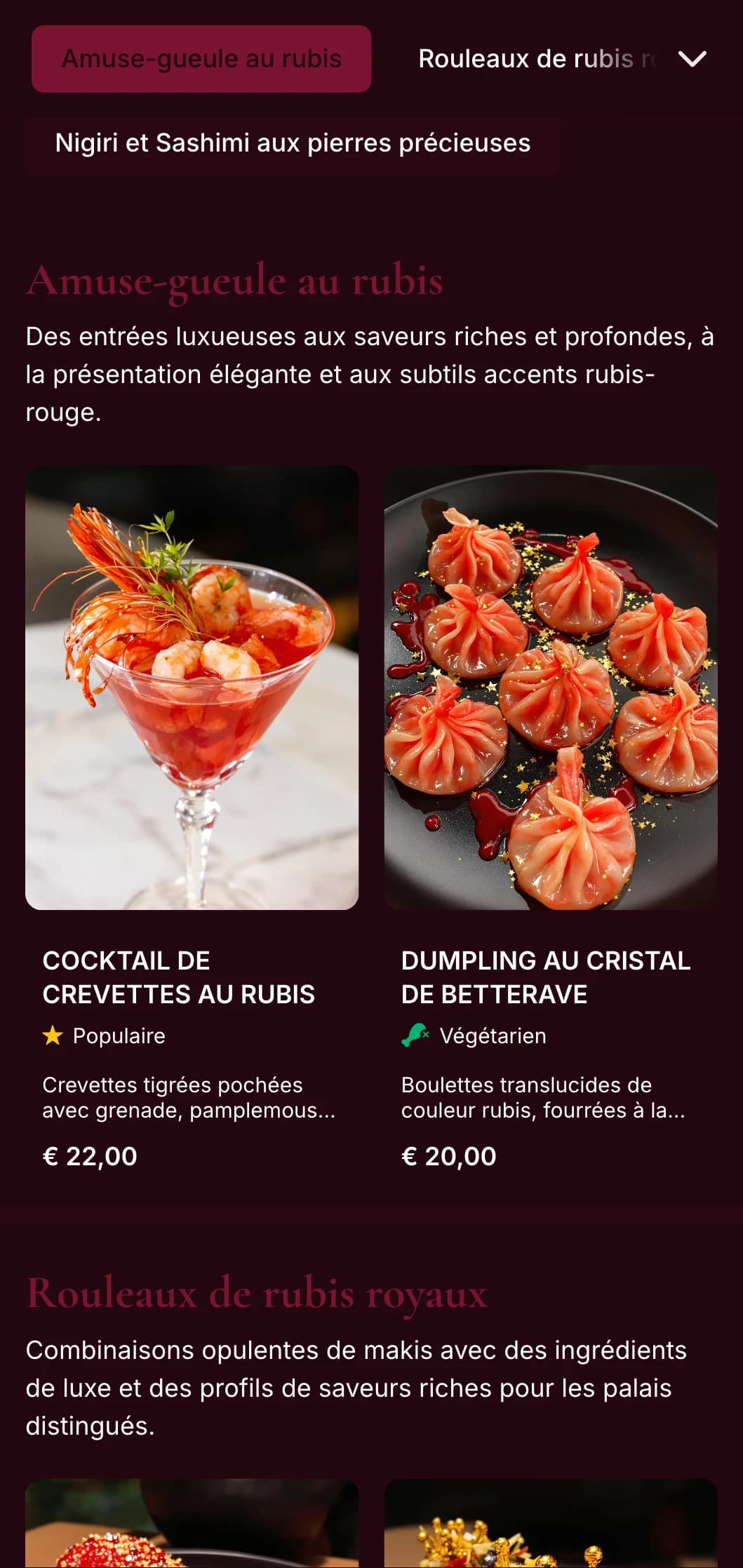 Menu de sushis riche, inspiré du rouge profond, avec des tons rubis luxueux pour les restaurants de fusion asiatique haut de gamme.