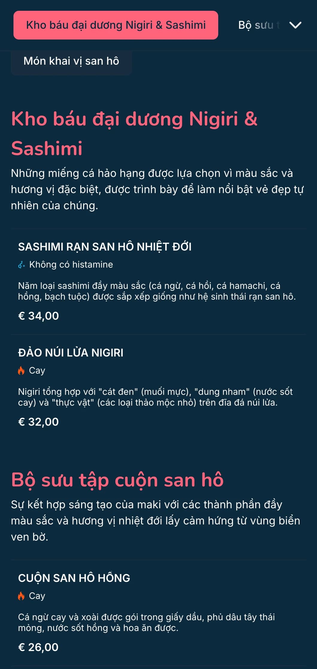 Thực đơn sushi sống động lấy cảm hứng từ đại dương với điểm nhấn màu hồng san hô trên nền xanh đậm, hoàn hảo cho những chuyên gia về hải sản.