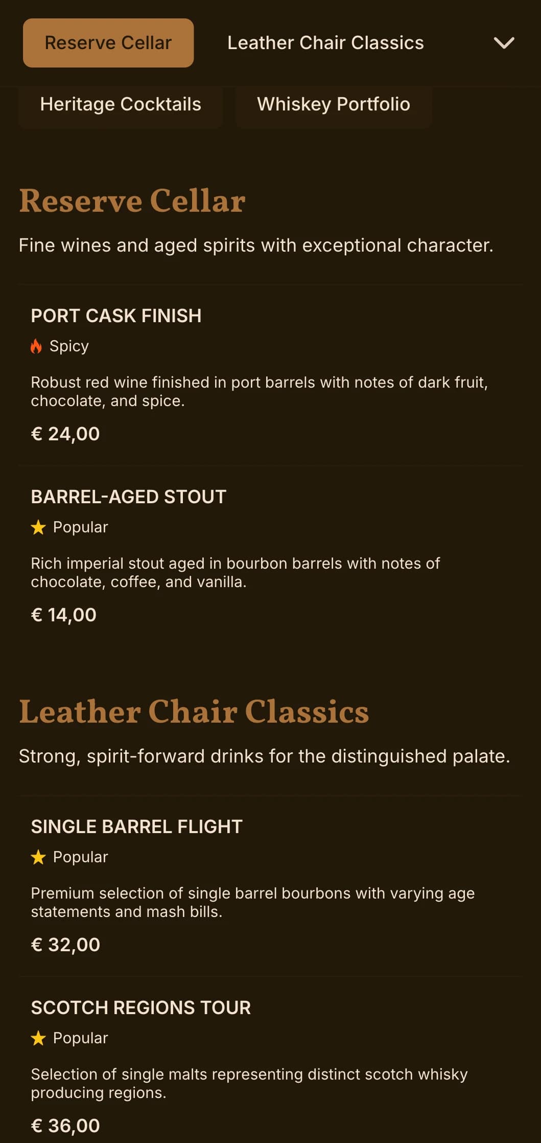 Rich walnut brown design with leather textures for traditional spirit lounges.