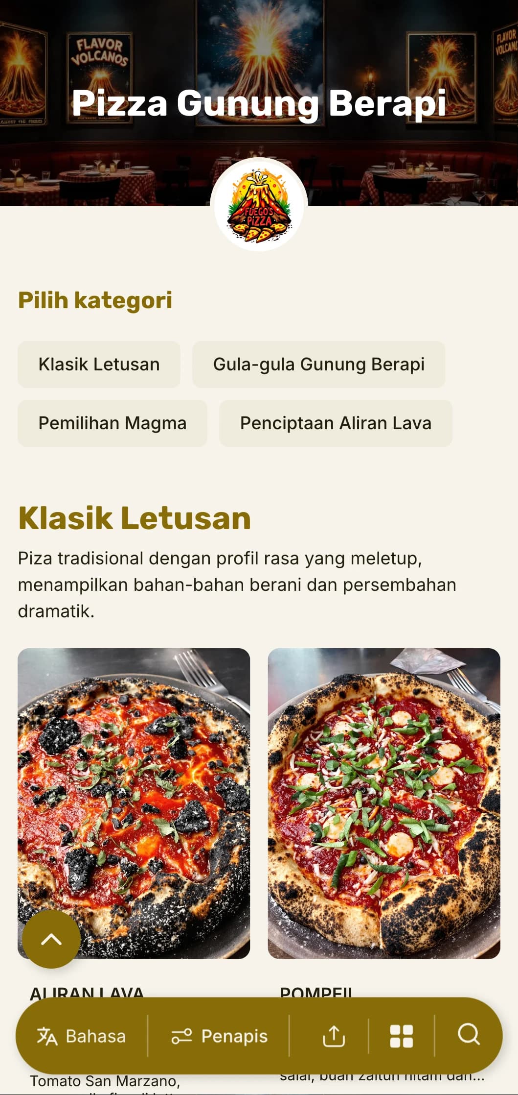 Menu piza yang berani dan menarik perhatian dengan hierarki visual yang dramatik untuk pizzeria yang mencabar.