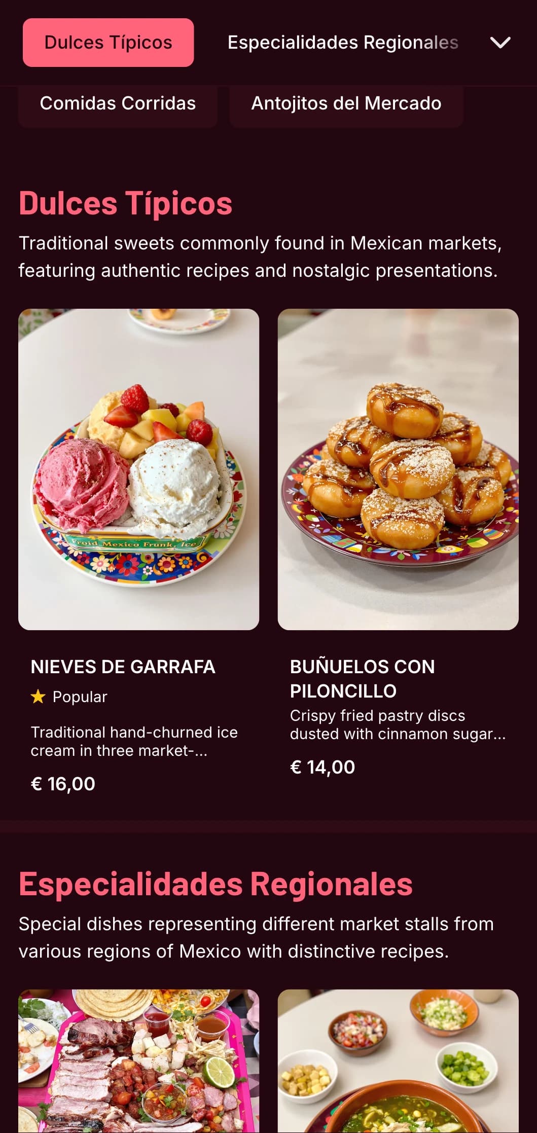 Colorful and authentic Mexican market-inspired menu featuring bright pink accents, fresh ingredients, and traditional antojitos and street foods.