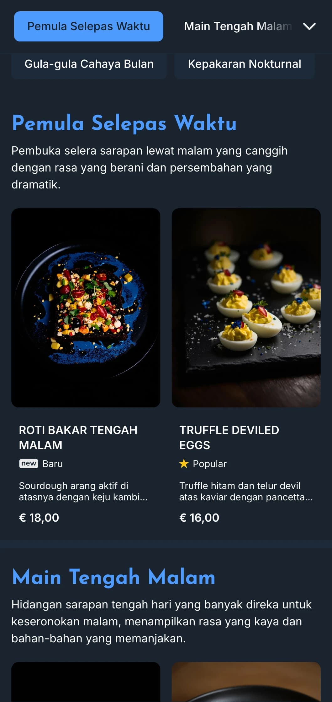 Templat biru tua dengan aksen terang, sesuai untuk tawaran makan tengah hari lewat malam dan kafe selepas waktu kerja.