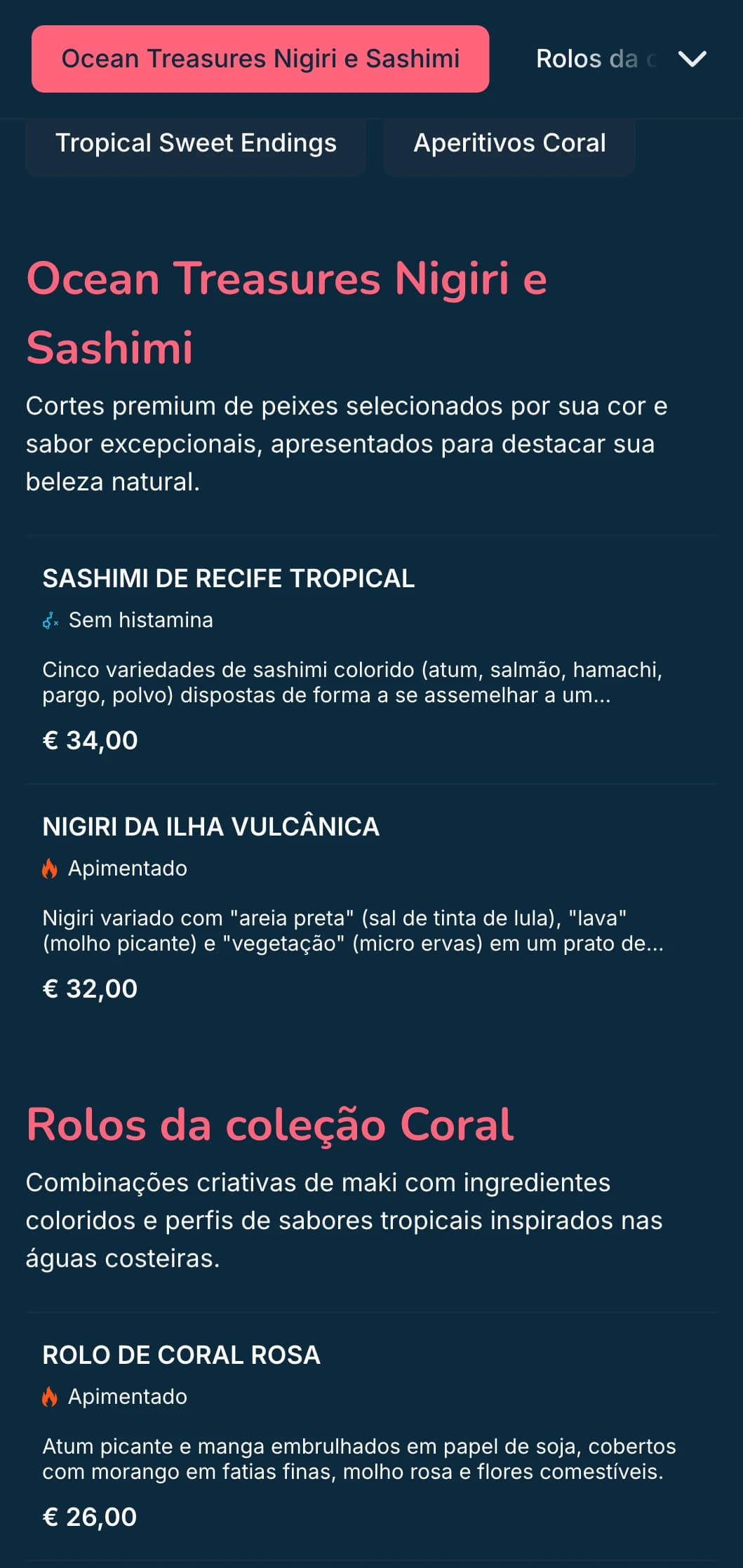 Cardápio vibrante de sushi inspirado no oceano, com detalhes em rosa coral e fundo azul profundo, perfeito para especialistas em frutos do mar.