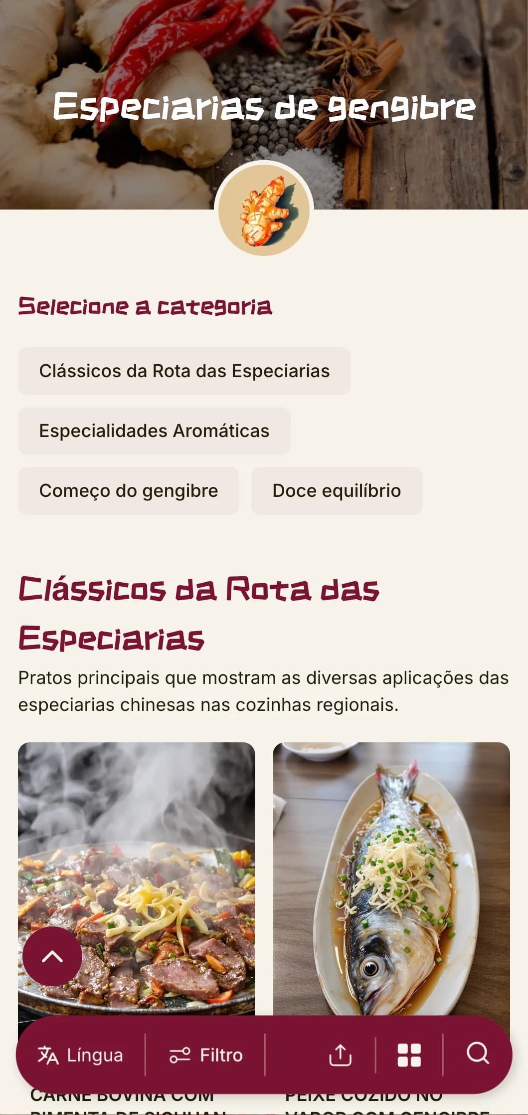 Design vibrante do cardápio chinês inspirado nas tradições de gengibre e especiarias, com elementos ousados para a autêntica culinária regional.