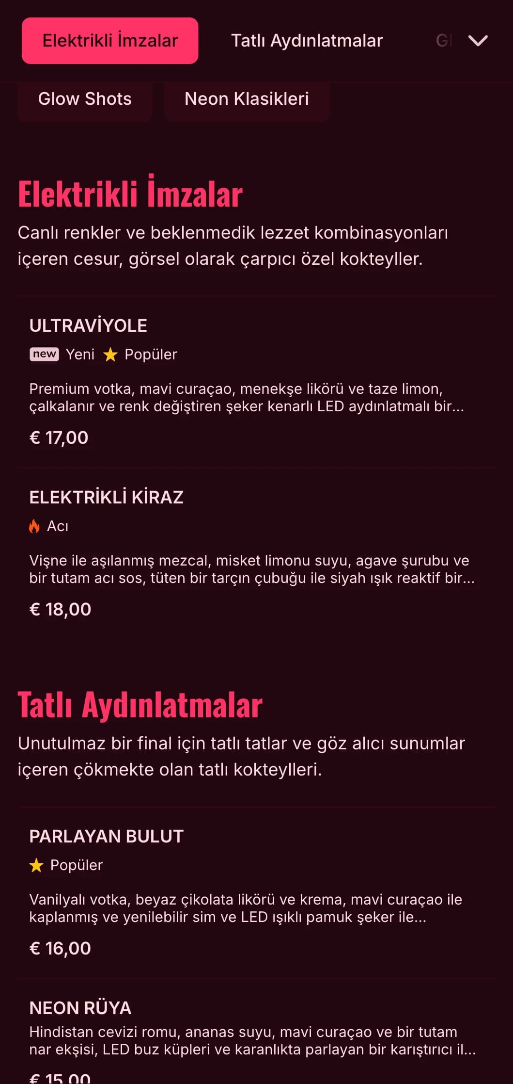 Çağdaş kokteyl barları ve gece kulüpleri için mükemmel, neon gece hayatından ilham alan cesur, canlı bir menü tasarımı.
