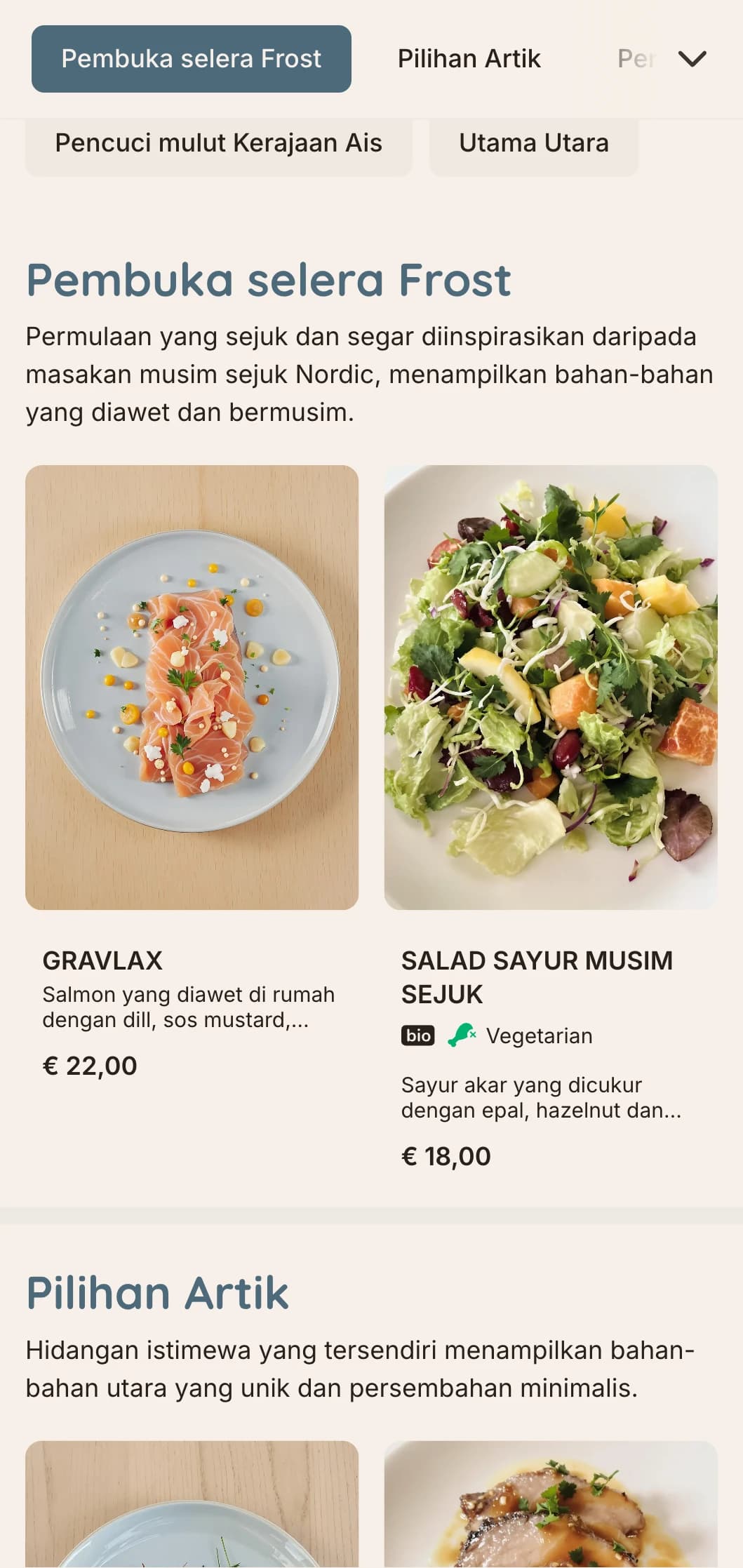 Menu makan malam yang sejuk dan segar dengan pengaruh musim sejuk Scandinavia, menampilkan rona biru ais dan garisan bersih, sesuai untuk masakan Nordic.