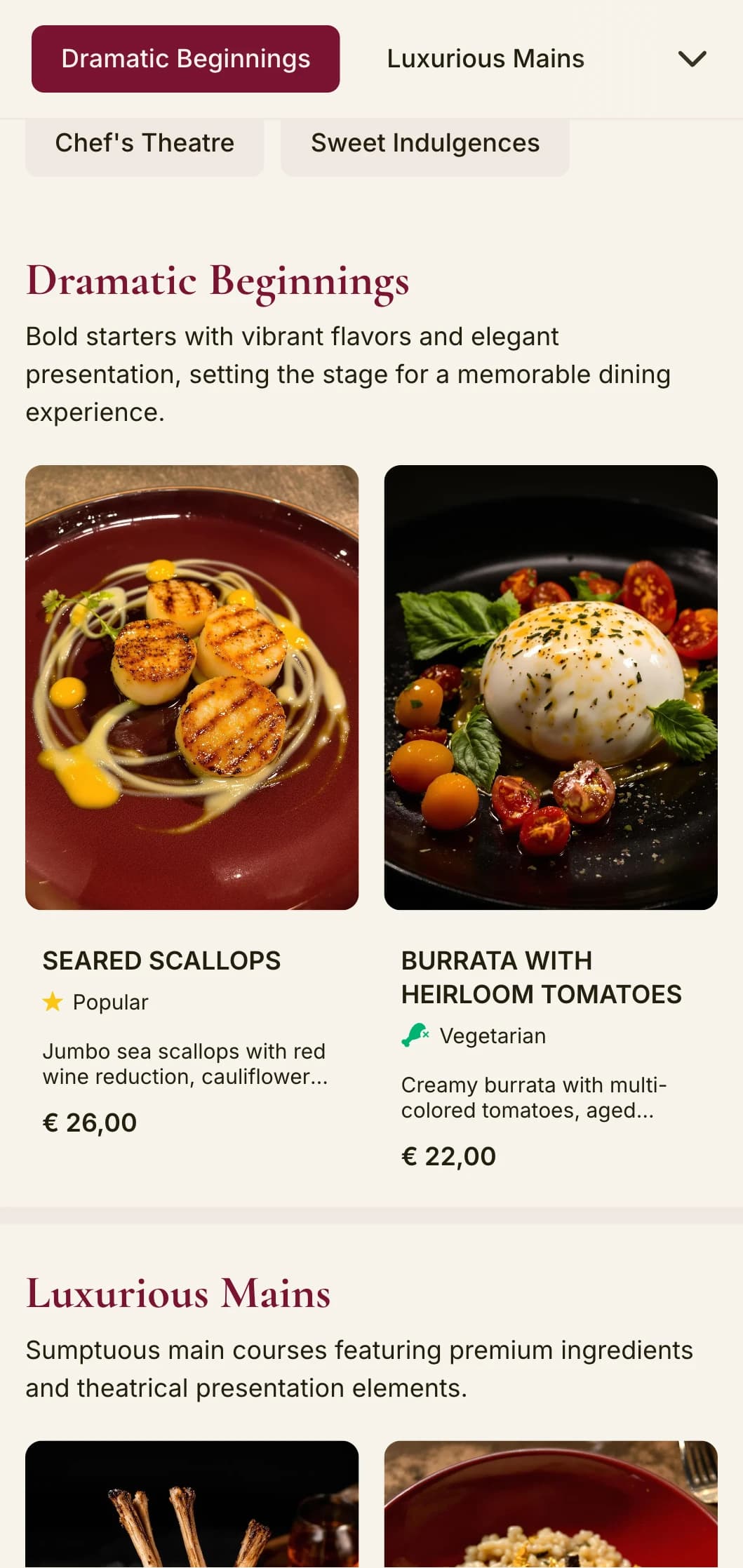 A bold and dramatic dinner menu featuring deep red tones and luxurious elements, designed for upscale dining venues with a theatrical flair.