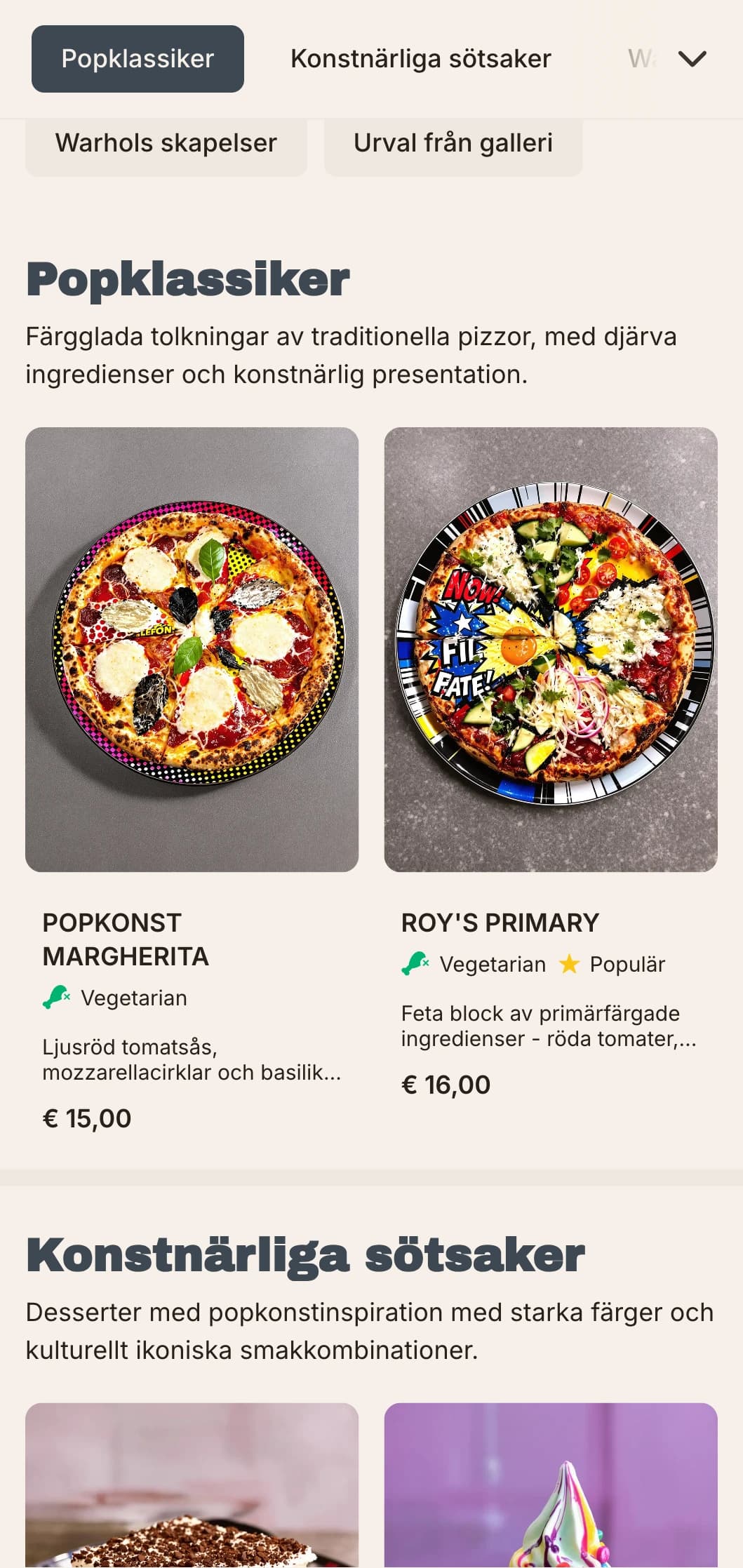 Andy Warhol-inspirerad pizzameny med inslag av popkonst och retro-modern estetik.