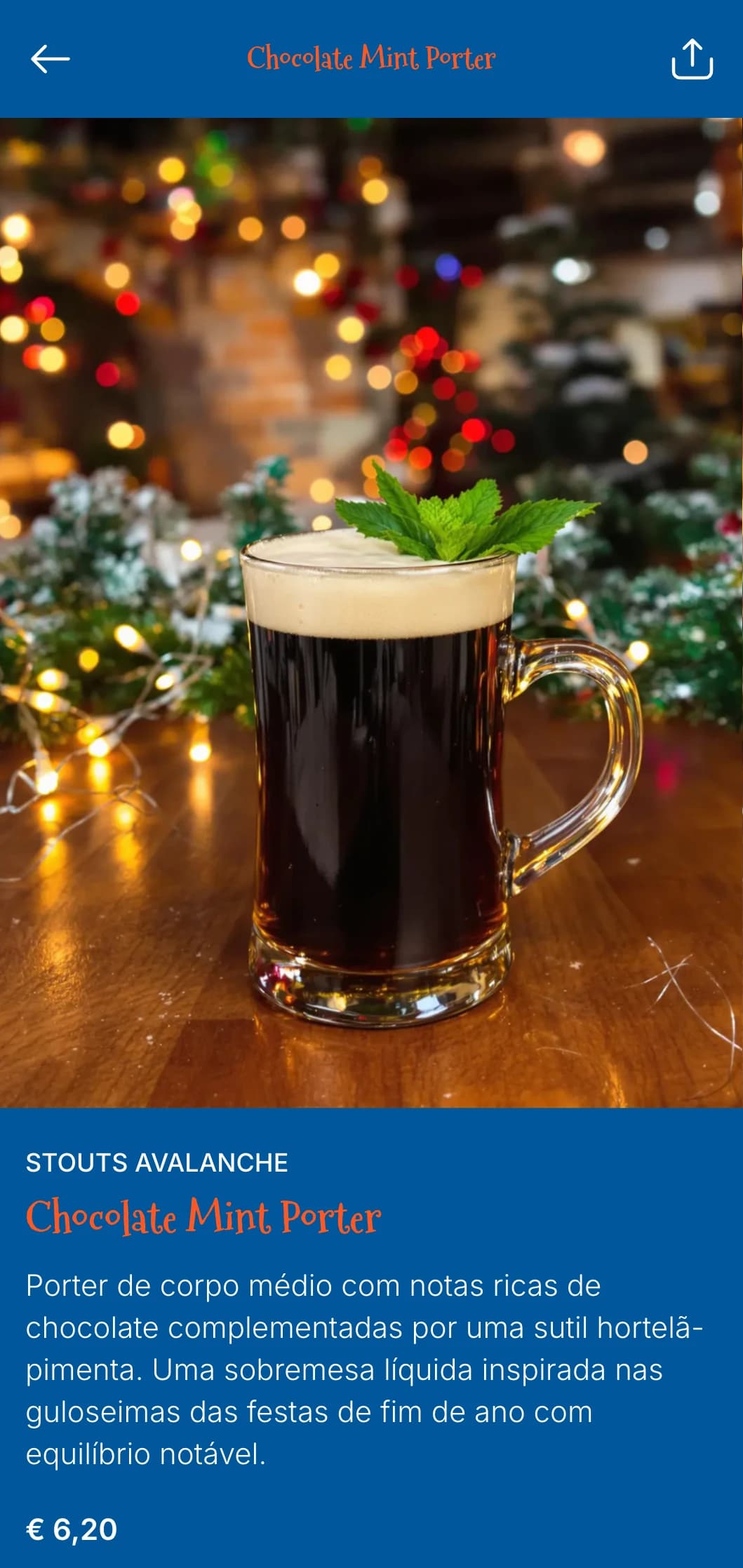 Design aconchegante e festivo com tema de inverno, com elementos de neve e detalhes festivos, ideal para cardápios de cerveja sazonais de inverno.