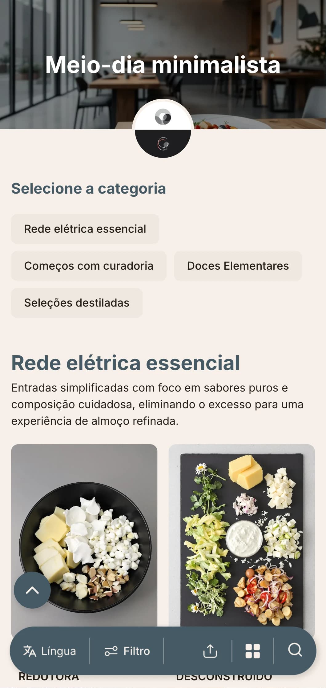 Design de cardápio de almoço minimalista e ultra-limpo, com amplo espaço em branco e tipografia precisa, adequado para restaurantes urbanos contemporâneos com uma abordagem de design avançado.