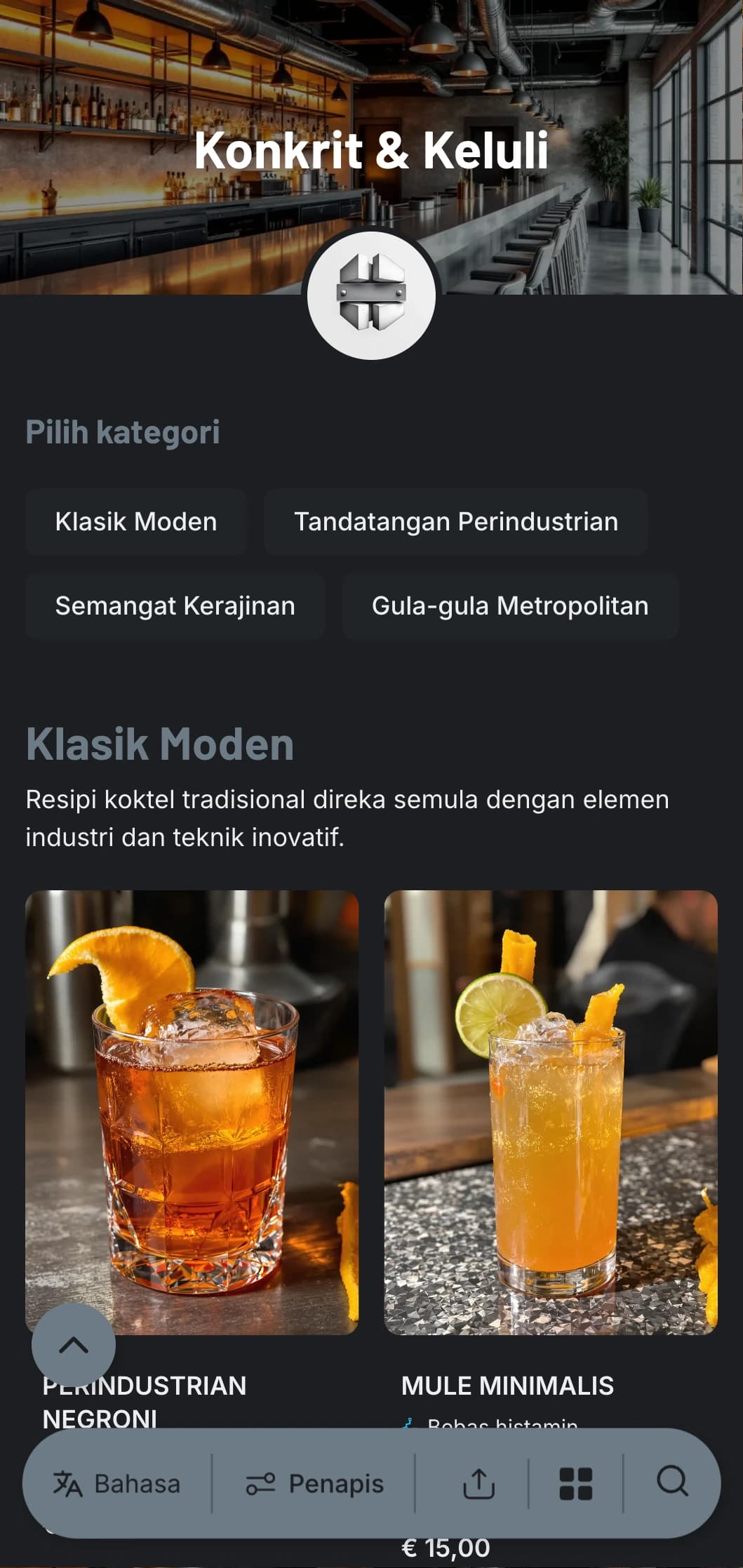 Reka bentuk perindustrian, bandar untuk bar kontemporari yang menampilkan tekstur konkrit dan unsur keluli dengan tipografi bersih.