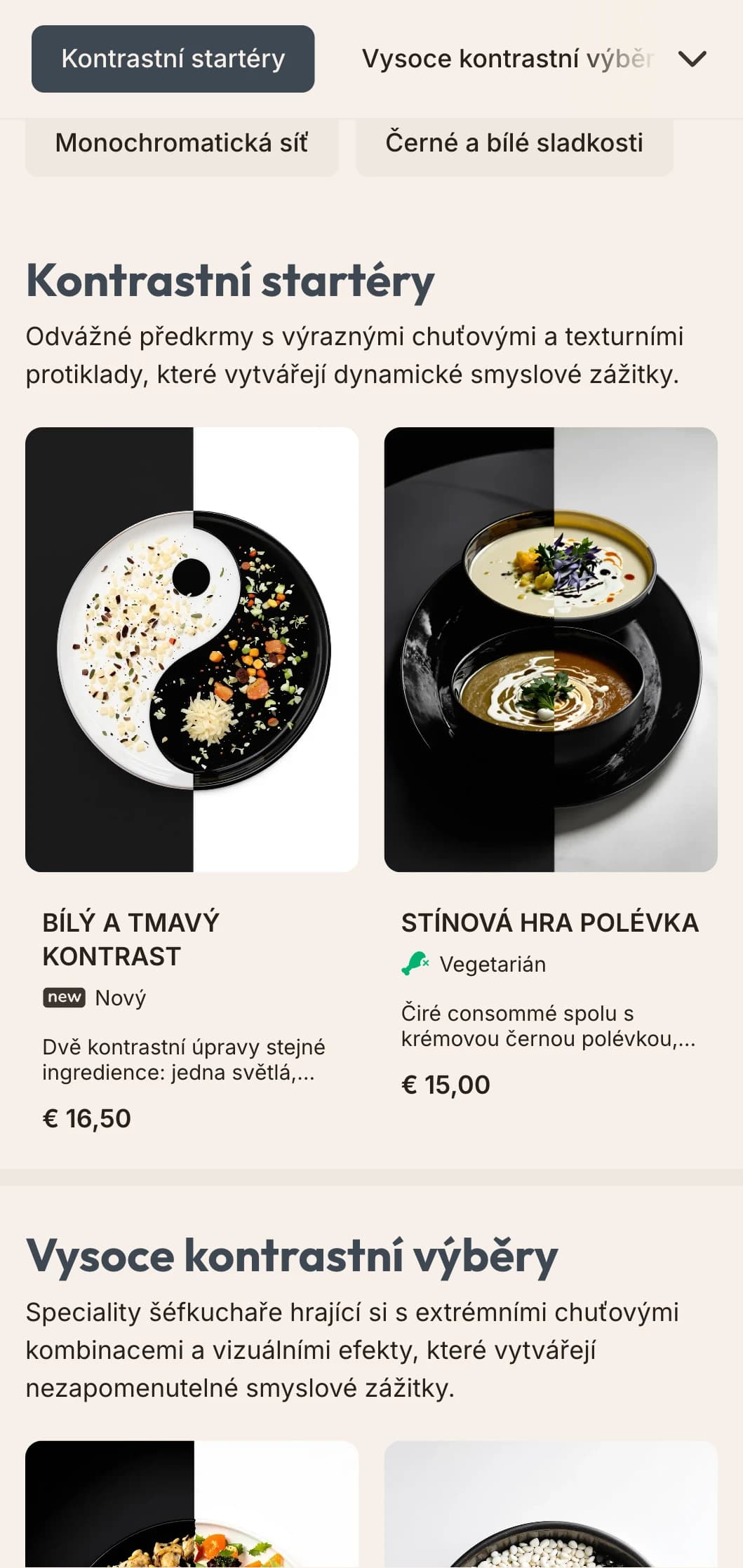 Strohý černobílý design poledního menu s vysokým kontrastem a výraznou typografií, ideální pro minimalistické restaurace a prostory s moderním uměním.