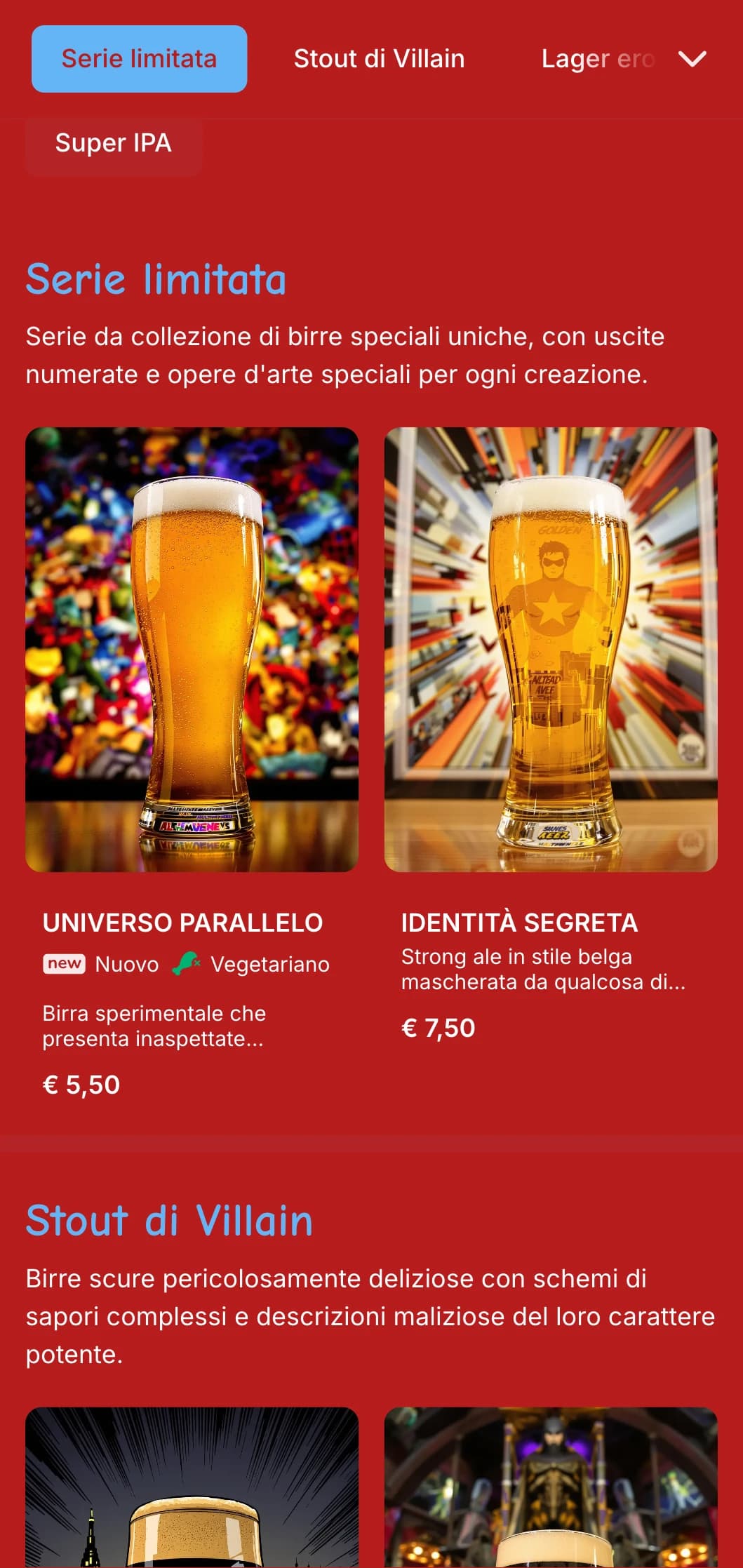 Design vivace e giocoso ispirato ai fumetti, con colori vivaci ed elementi grafici per i locali di birra a tema.